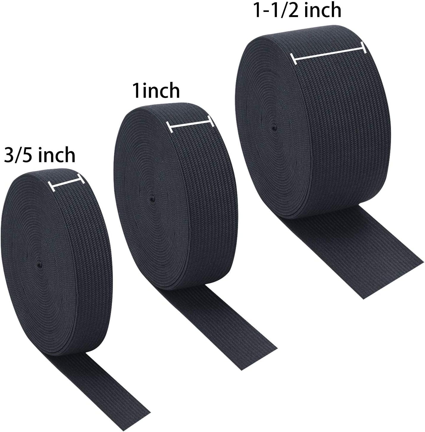 3 Rolls Sewing Stretch Elastic Band Spool, 3/5, 1, 1-1/2 Inch in Width, 5.5 Yards/Roll (Black)