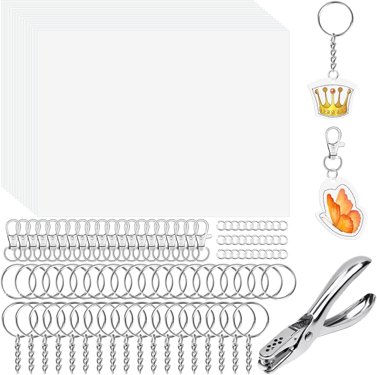 Shrinky Art Keychain Kit, Including 20 Sheets Shrink Plastic Paper, Keychain Clip, Split Key Rings, Key Rings with Chain, Jump Rings, Hole Punch for Craft Creative