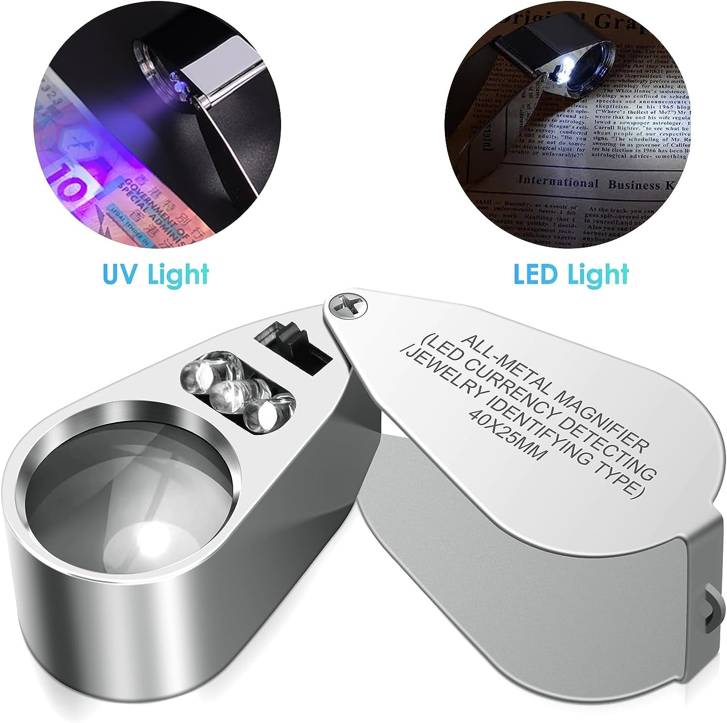 40X Jewelers Loupe Magnifier Magnifying Glasses, LED/UV Illuminated Jewelry Loop Pocket Folding Magnifying Glass with Metal Construction for Close Work, Gardening, Kids, Stamp, Rock Collecting