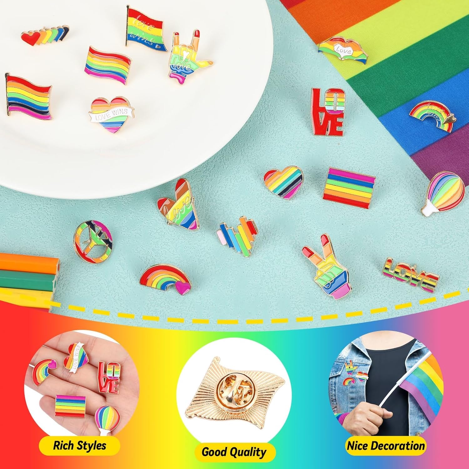 60Pcs Pride Pins, Rainbow Pins Bulk Enamel LGBT Lapel Pins Gay Pride Heart Flag Brooch Pins for Clothes Bags Hats Accessories, 20 Styles