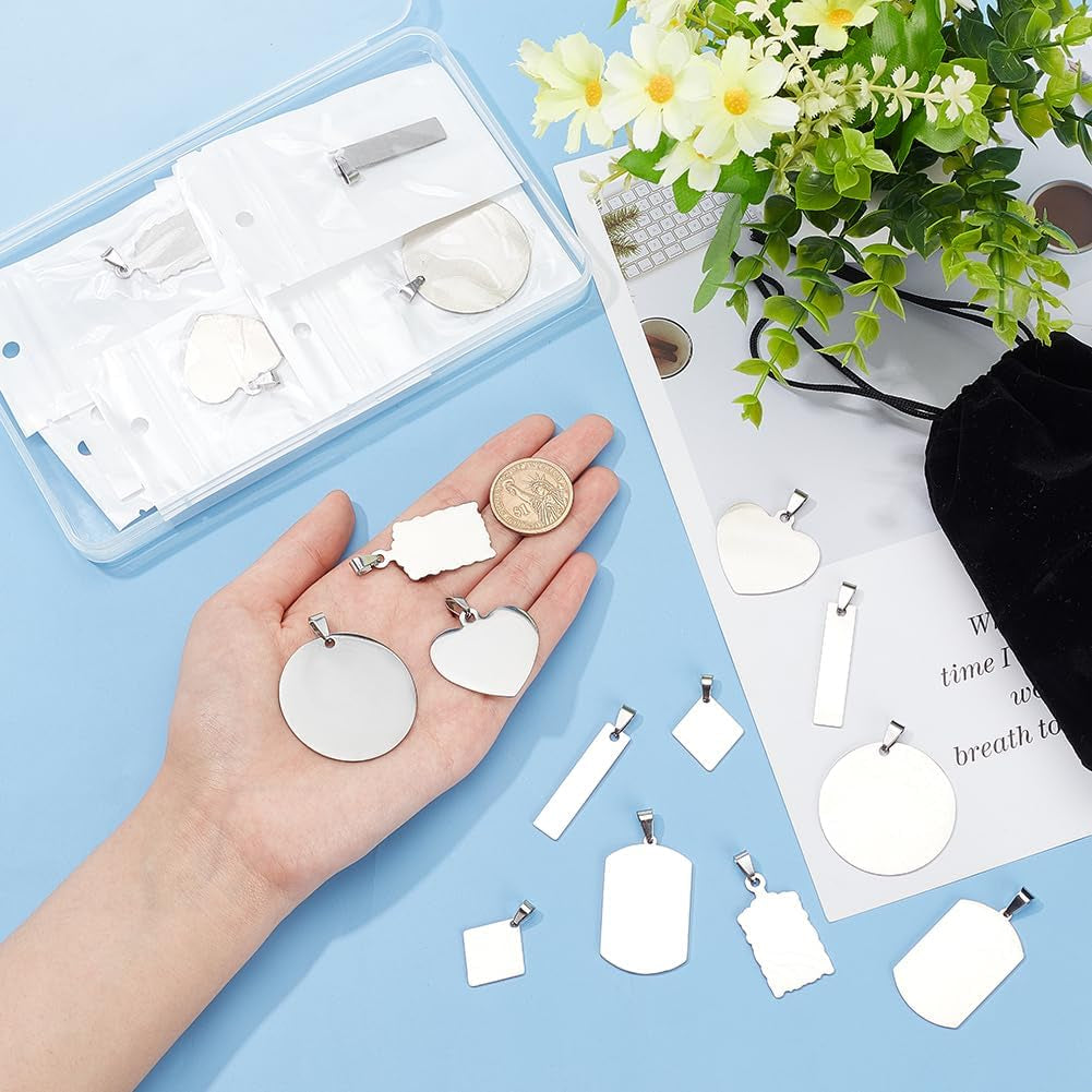 30PCS Mixed Large Stainless Steel Stamping Blanks, Round/Rectangle/Heart Pendants Charms with Black Velvet Bag and Clear Storage Box for Necklace Bracelet Making and ID Name Tags, 1Mm Thick