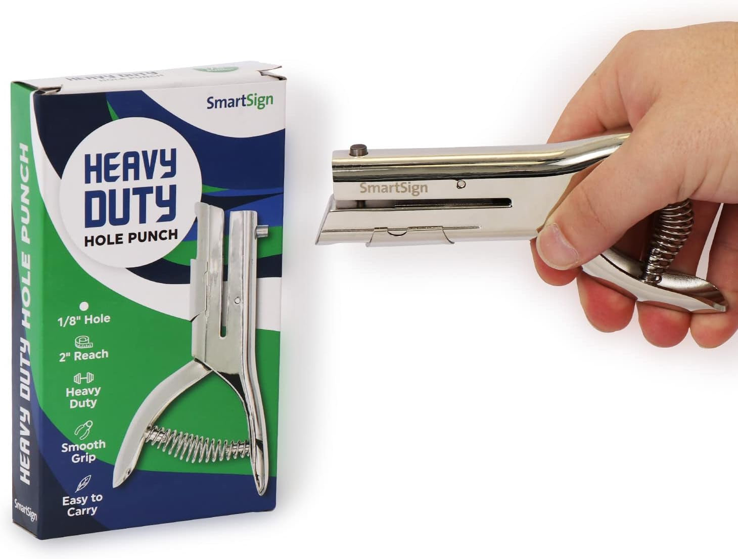 Single Hole Heavy Duty Hand Held Hole Punch - 1/8 Inch (3 Mm) Hole Punch, 2 Inch Reach, for Id Card, PVC Card, Badge, Foil, 5" Tall, Silver