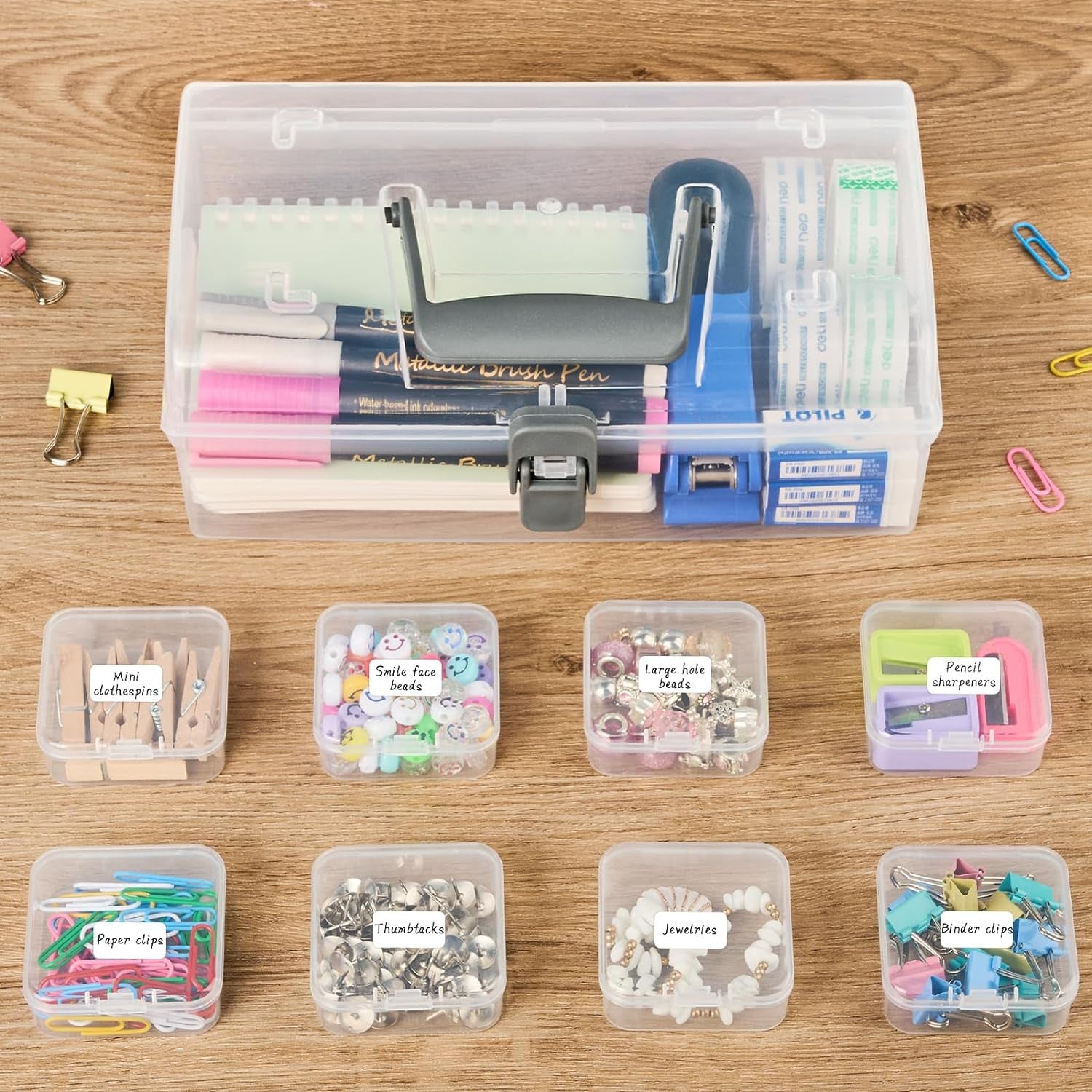 Small Bead Organizers with Handle, 24 Pcs Plastic Storage Cases, Mini Clear Craft Containers with Hinged Lid and Label Small Parts Storage Boxes for DIY Art Craft Accessories