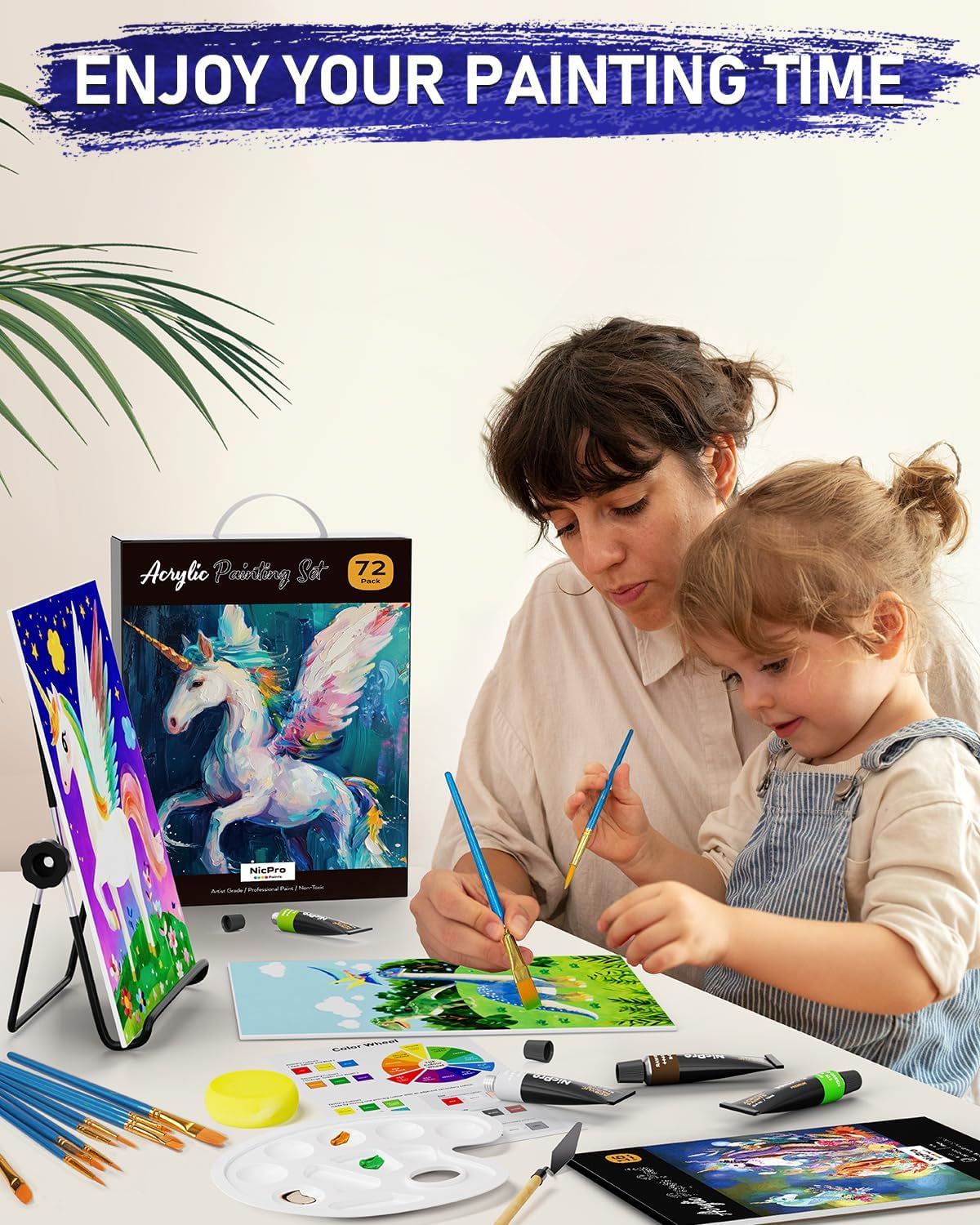 72PCS Kids Painting Set with Pattern Canvas, Art Painting Supplies Kit with 24 Acrylic Paints,10 Brushes, 8 Canvas Panels,Table Easel,Paper Pad,Color Wheel,Palette for Beginner Student Toddlers