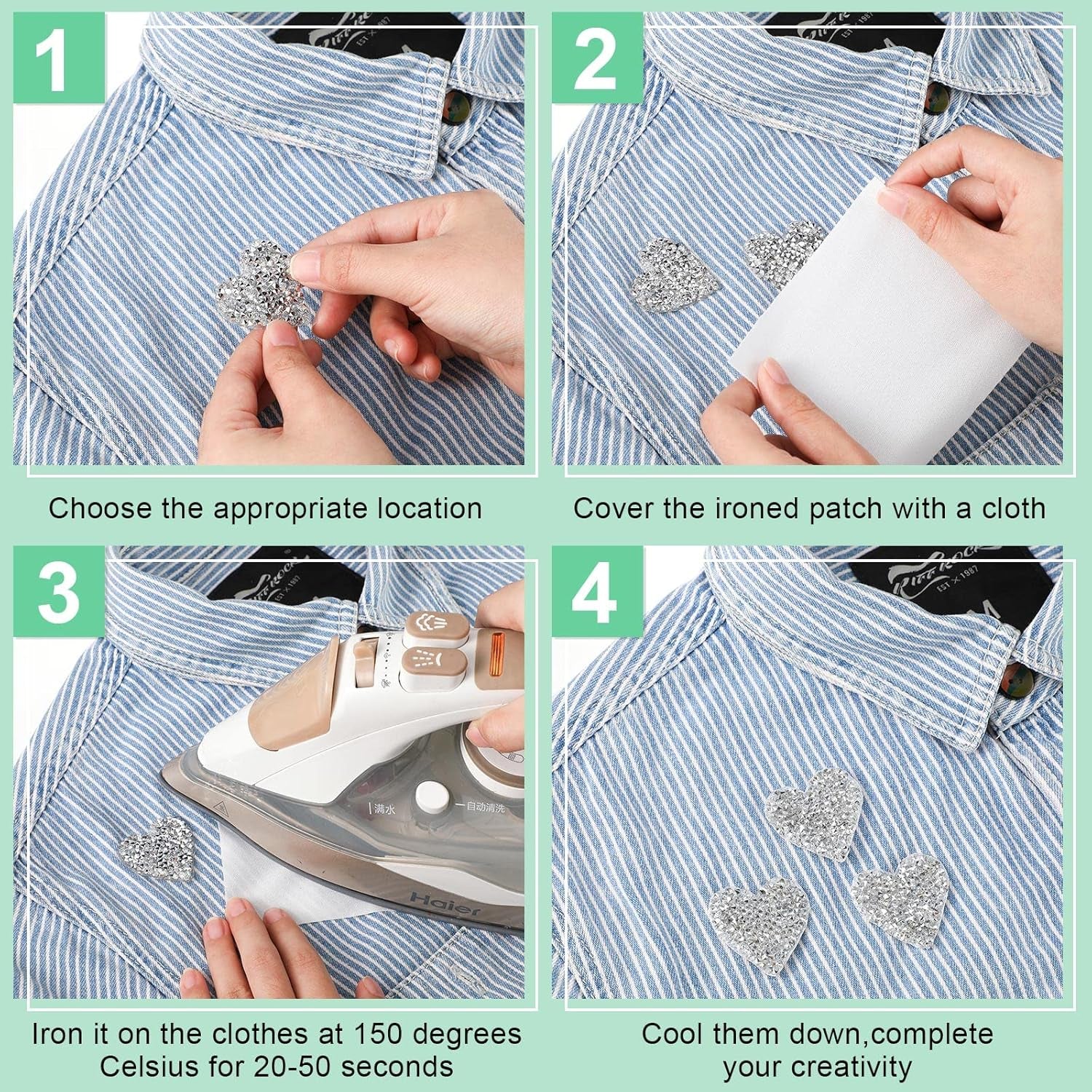 24 Pieces Star Patches Rhinestone Patches Heart Shape Diamond Appliques Adhesive Applique Glitter Repair Patch for DIY Crafts Clothes Bag Pants Wedding Decoration (Heart,Silver)