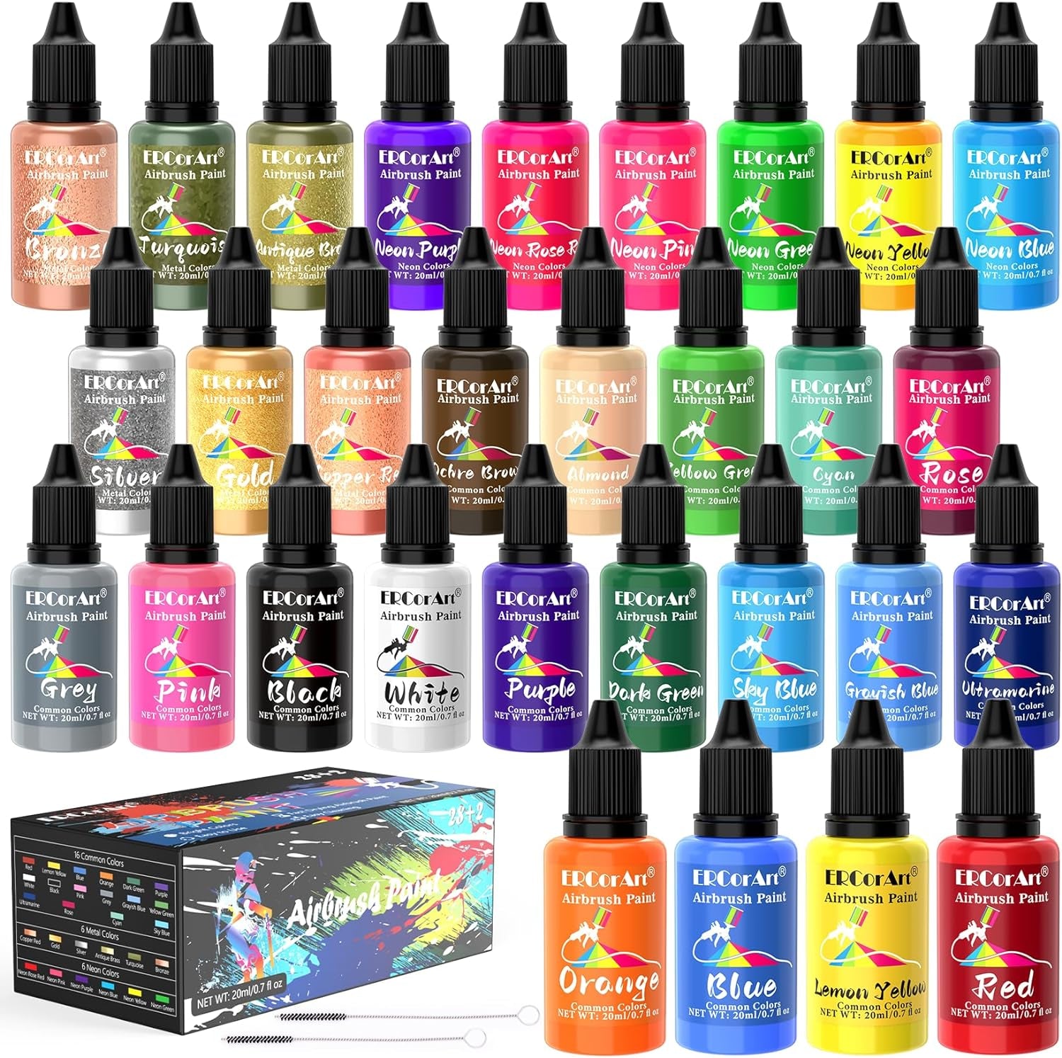 Airbrush Paint Set - 30 Colors Ready to Spray Airbrush Kit with 2 Cleaning Brush, Water Based Acrylic Air Brush Paint for Metal, Plastic Models, Artists - 0.7Fl Oz