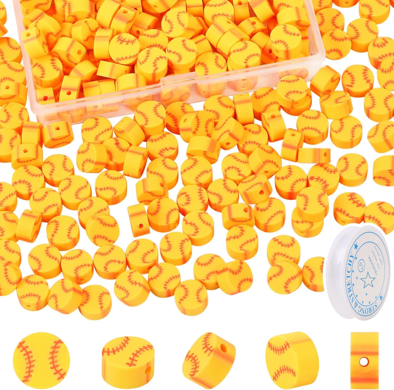 100 Pcs Baseball Beads for Jewelry Making, Sports Polymer Clay Beads Bulk with Box, 10Mm Baseball Softball Beads Charms,Sports Ball Spacer Beads for DIY Crafts Bracelet Yellow
