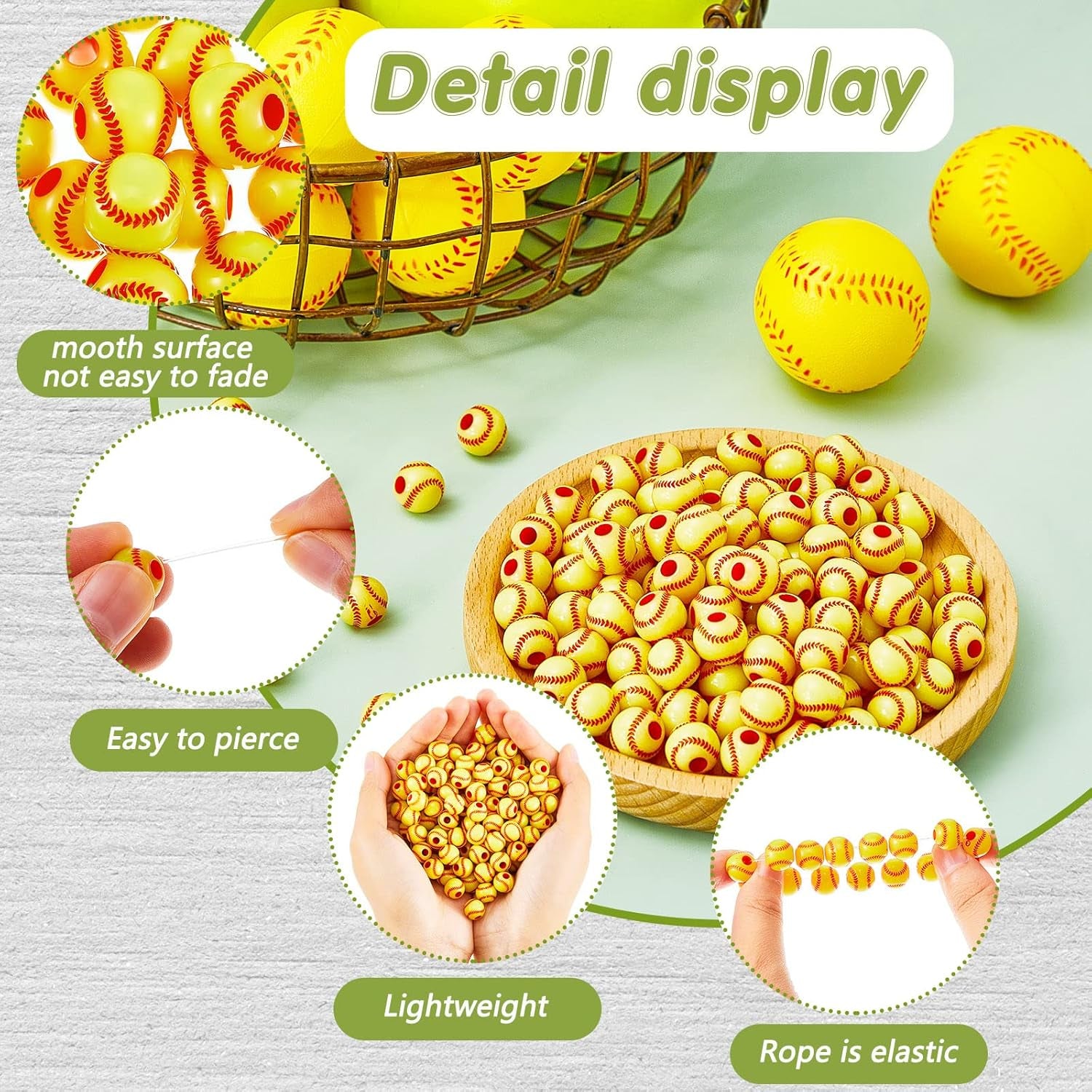 200 Pcs Baseball Beads with 1 Roll of Elastic Rope 10.5 Mm Acrylic Beads for Jewelry Making Softball Beads Sports Beads for Baseball Craft Supplies Acrylic Beads for DIY Making (Softball Style)