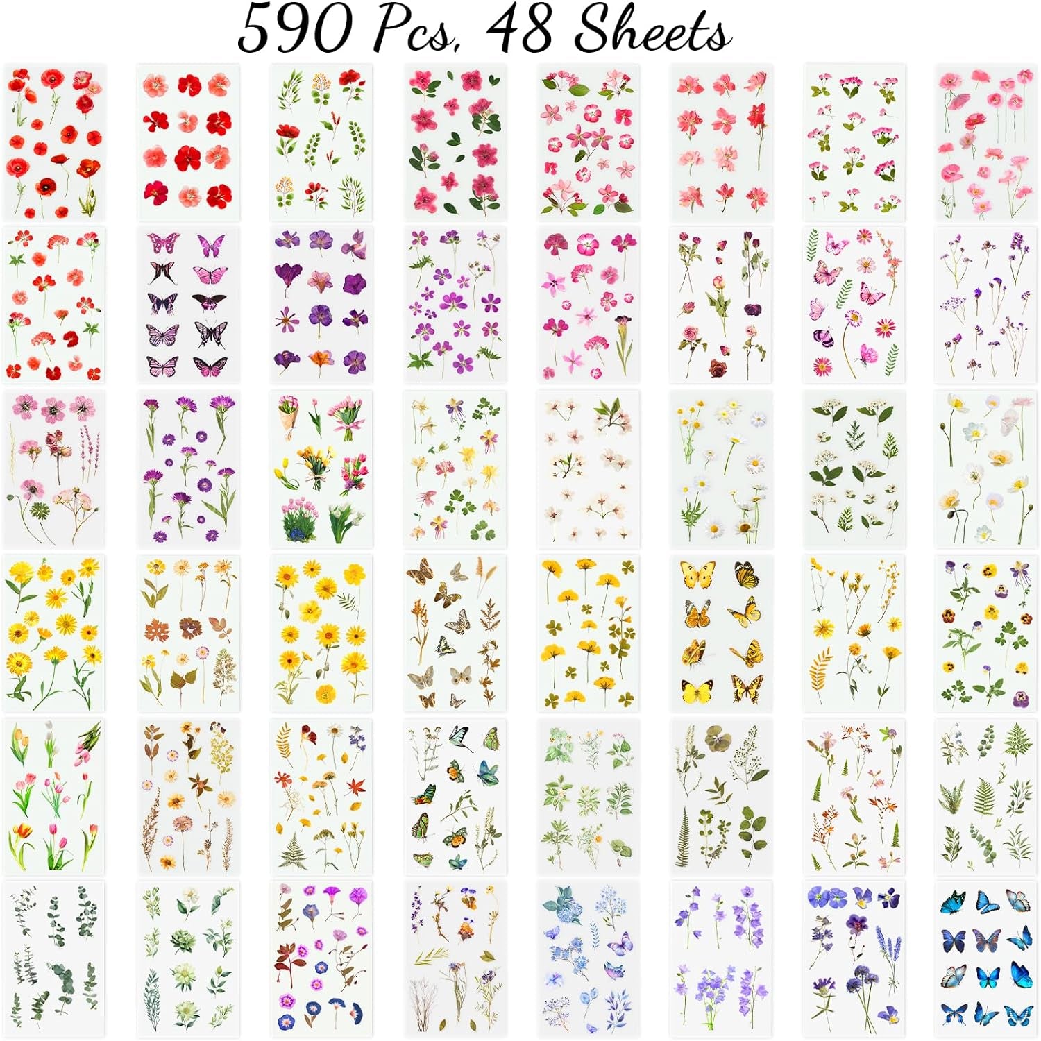 Flower Stickers for Scrapbooking(590 Pieces, 48 Sheets),Decorative Floral Stickers, Small Flower Stickers for Adults, Pressed Flower Stickers Pack, Colorful Wildflower Stickers for Scrapbooking