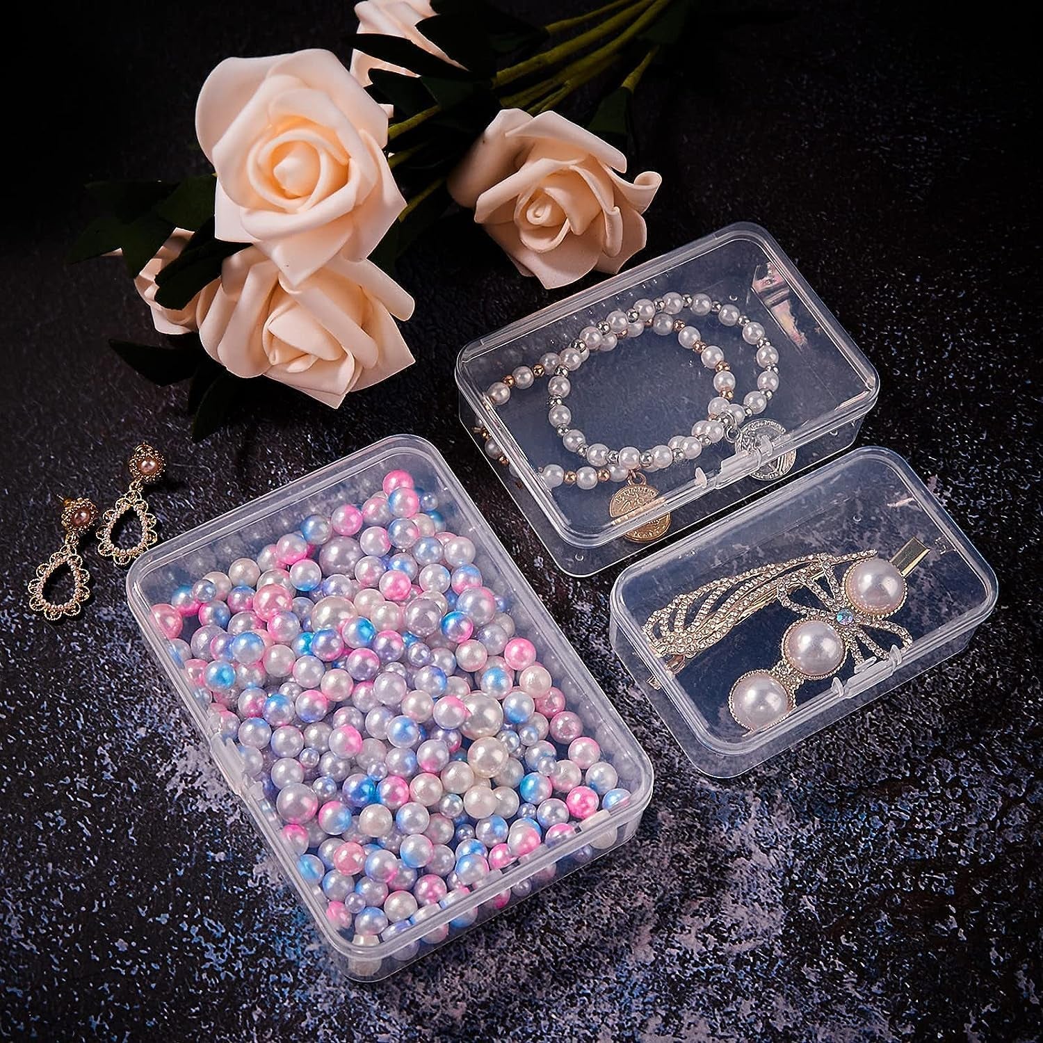 24 Pcs Small Plastic Containers with Lids - Mini Plastic Craft Storage Boxes with Hinged Lids Clear Bead Organizer for Jewelry Findings and Art Supplies (4 Mixed Sizes)