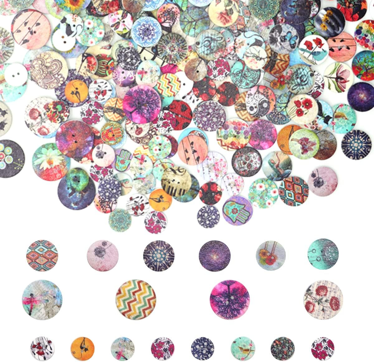 400 Pcs Wooden Buttons,Many Styles Decorative Sewing Button,Buttons for Crafts,2 Holes round Decorative Painted Wood Buttons,Cute Buttons,3D Buttons for DIY Sewing(20Mm,15Mm,25Mm)