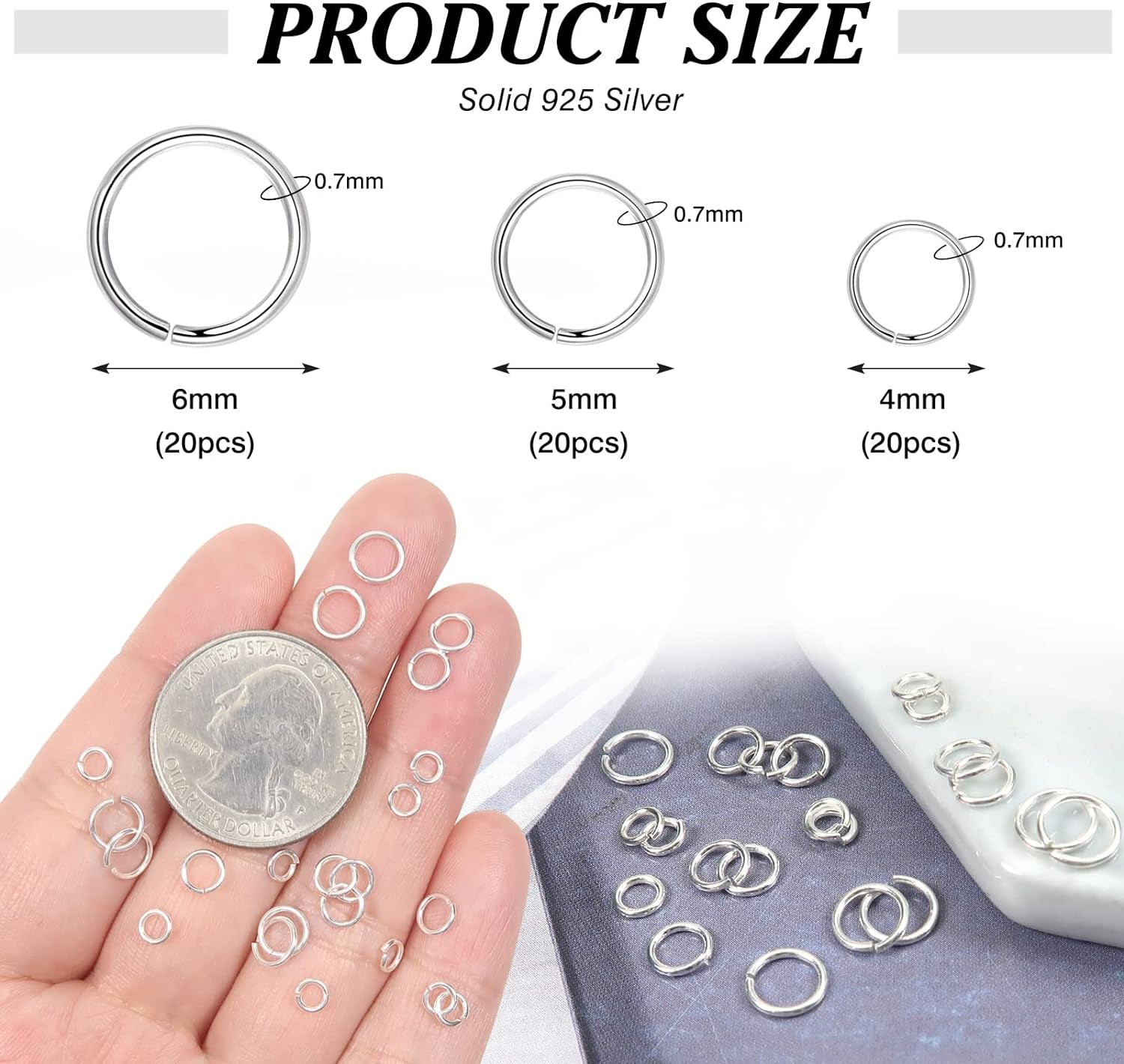 60Pcs Sterling Silver Jump Rings for Jewelry Making 4Mm 5Mm 6Mm 925 Sterling Silver Open Jump Rings for DIY Earrings Necklace Bracelet Making Repair Supplies
