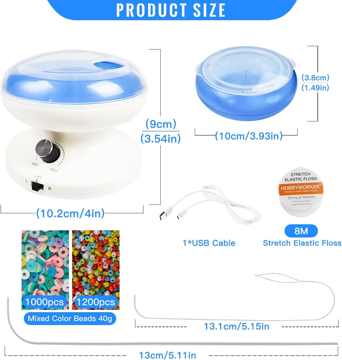 Electric Clay Bead Spinner Kit with 3Pcs Bead Trays 2Pcs Bead Spinner Needles, 1000Pcs Clay Beads and 1300Pcs Seed Beads 8M Elastic Cord for Bracelet Necklace Jewelry Making (Patented)