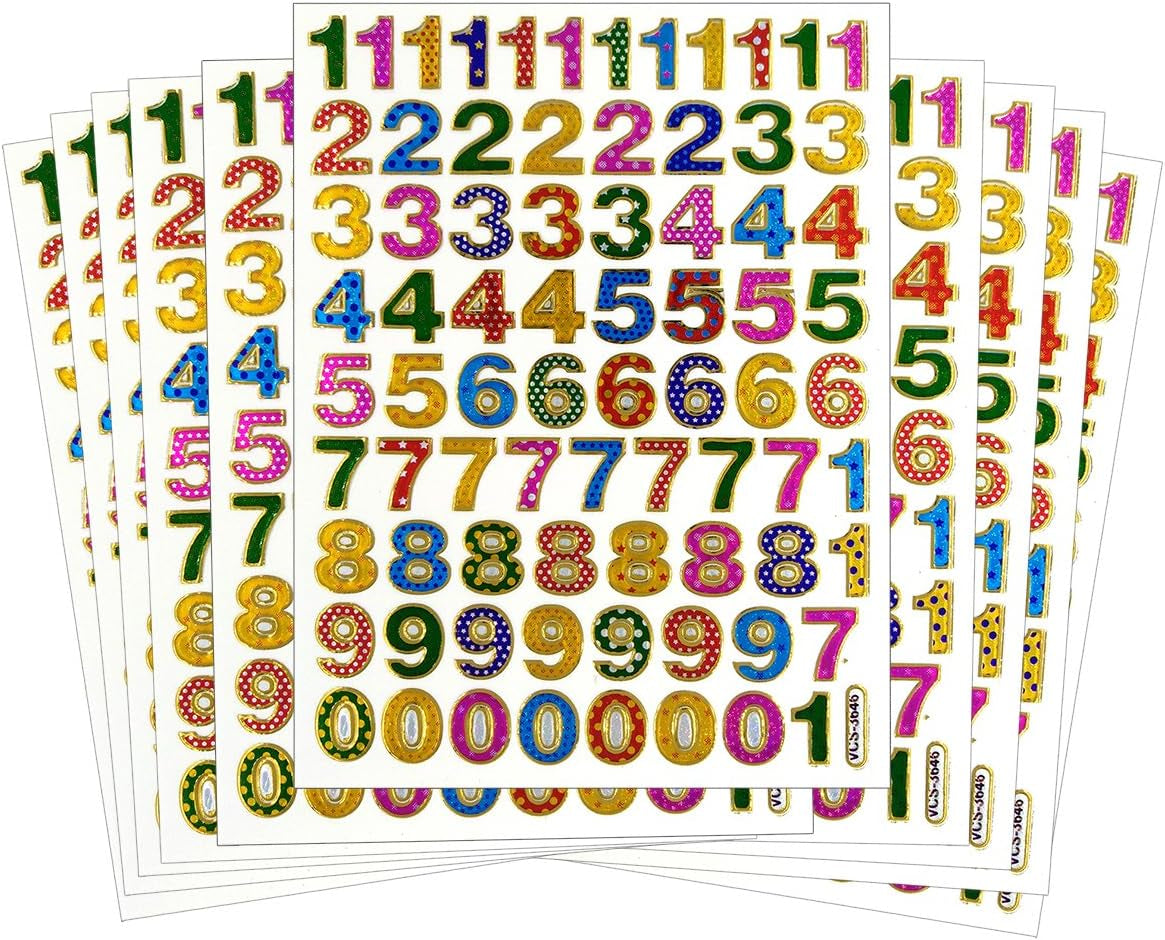 Colorful 0-9 Number, 10 Sheets Self-Adhesive Glitter Metallic Foil Reflective Sticker Decorative Scrapbook for Kid, Birthday Party, Photo, Card, Envelope, Diary, Album. Each Number 0.5 Inches High