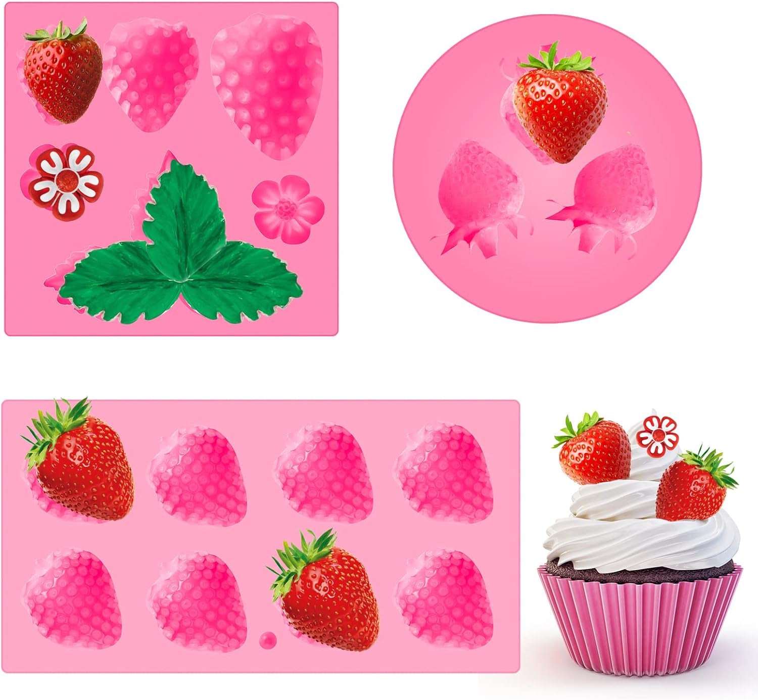 3 Pcs 3D Strawberry and Flowers Silicone Mold Strawberry Baking Mold Fruit Fondant Mold Handmade Candy Jelly Bakeware for Baking Chocolate Pan Cake Kid Cupcake Soap Candle Clay Resin Wax Making