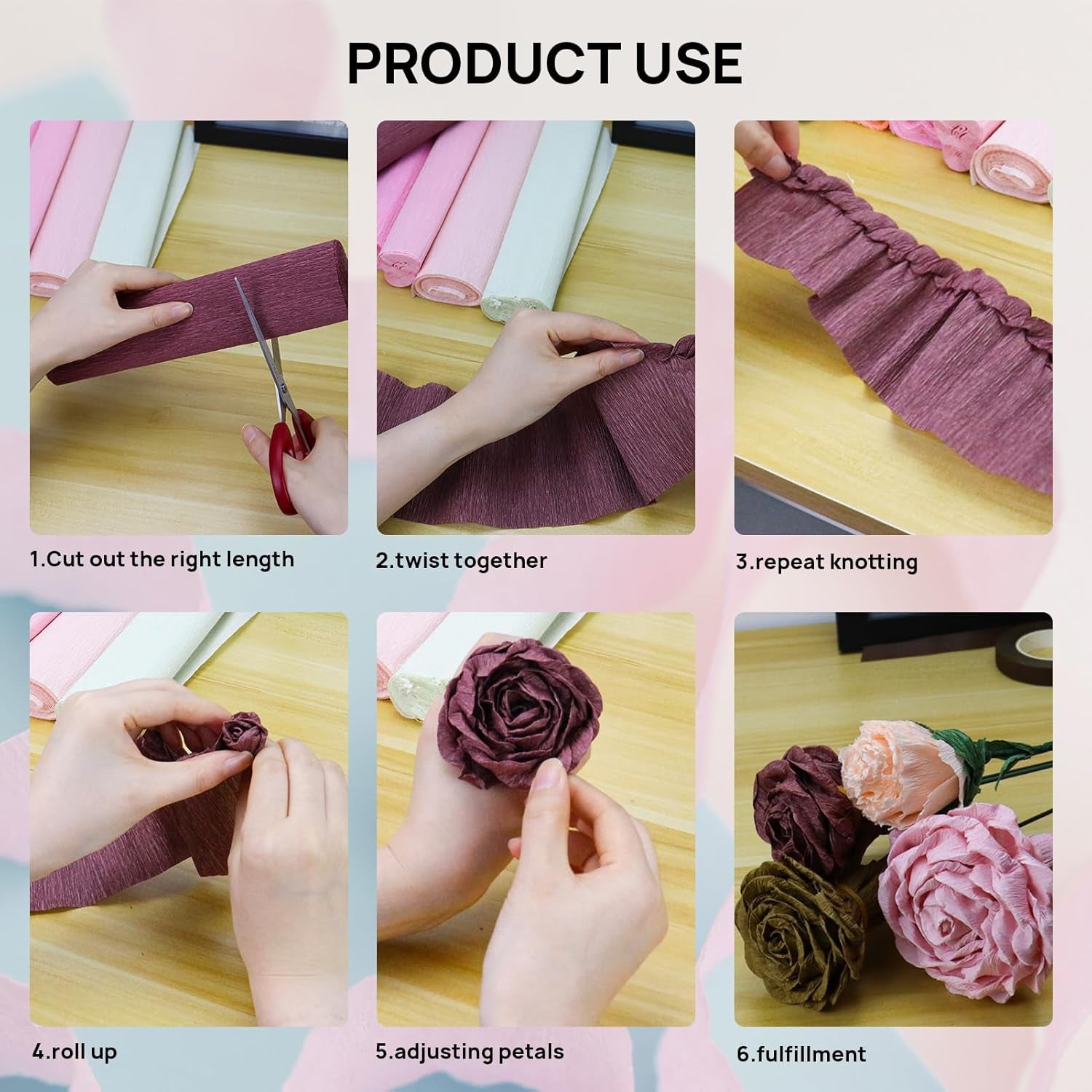 Crepe Paper Flowers, 8 Rolls Wide Crepe Paper Sheets with 2 Floral Tape, Crepe Paper Roll Decorative Party Streamer Flower DIY Kits for Festival Wedding Party Flower Making Supplies(Dried Rose Series）