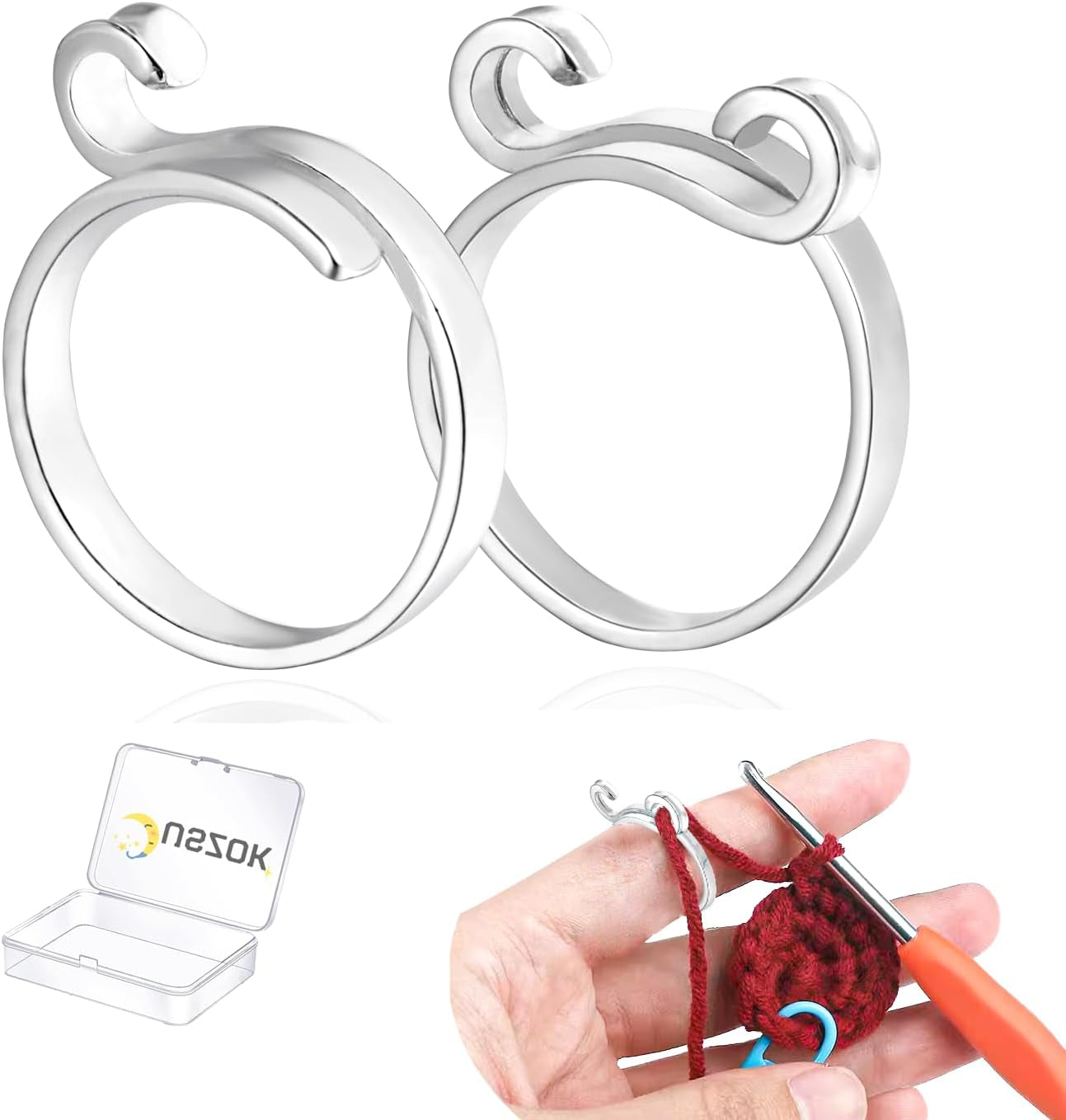 Adjustable Crochet Ring for Finger,Braided Knitting Ring with Plastic Box Yarn Tension Rings for Crocheting Knitting Accessories 2 Styles Silver