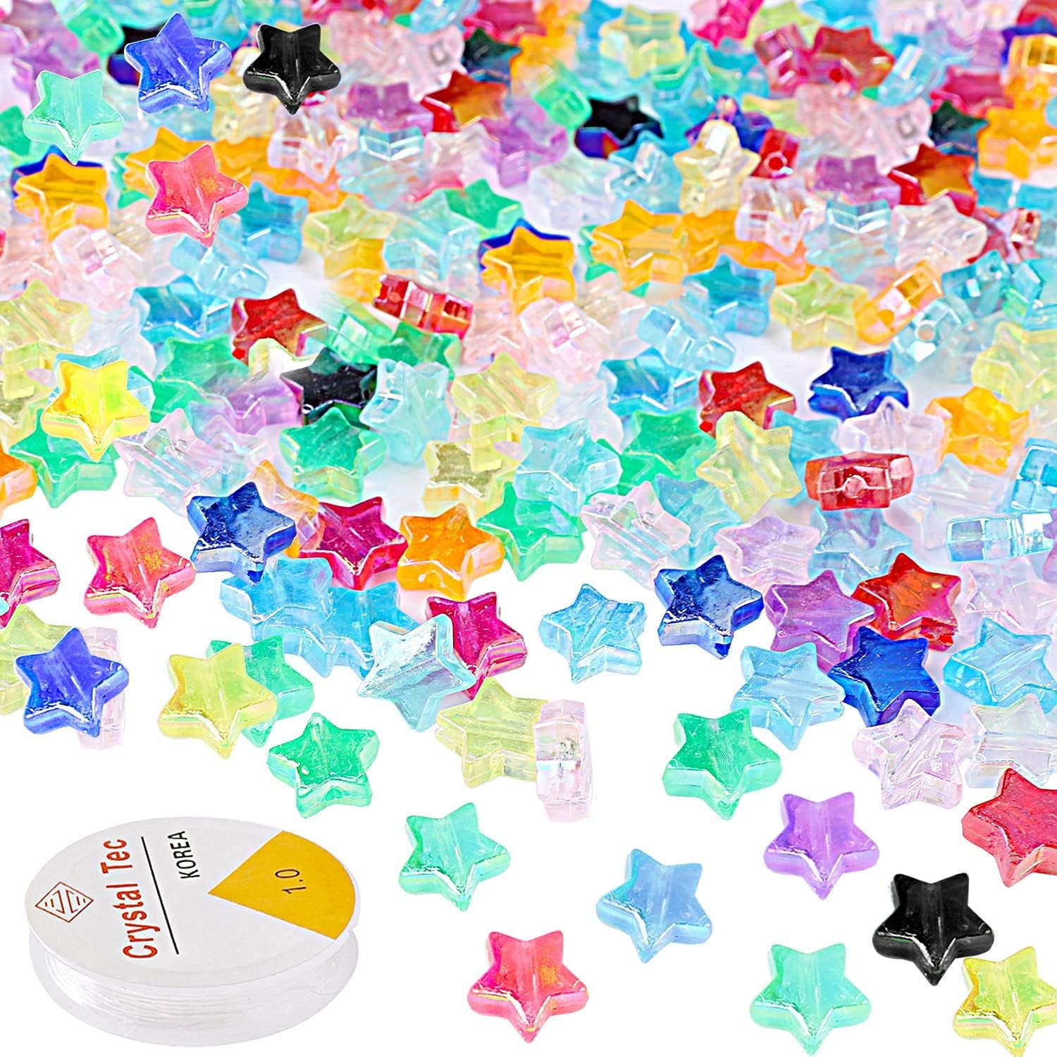 220 PCS Star Beads, 10Mm Friendship Bracelet Beads Clear Acrylic Star Shape Spacer Beads Colored Star Beads for DIY Jewelry Bracelet Earring Necklace Craft Making with 5M Elastic String