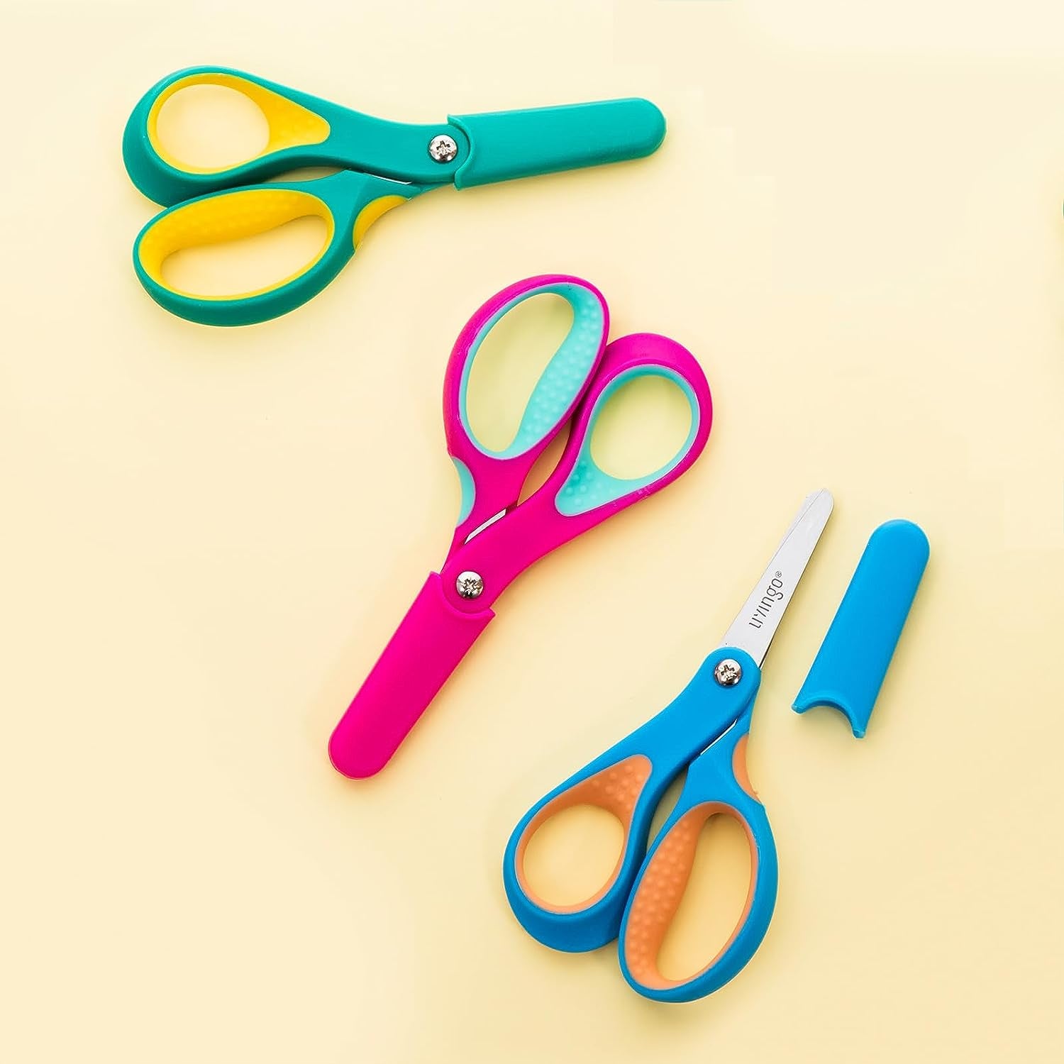 Left Handed Kids Scissors: Blunt Tip Safety Lefty Toddler Child Scissors for School Craft Cutting Paper - 3 Pack 5 Inches Comfort Grip Green, Rose Pink, Blue