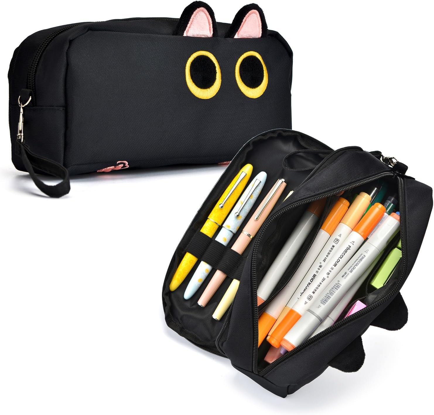Hongdian Large Capacity Pencil Case Black Color, 3D Cat Pen Bags Pencil Pouch Organizer for Office College School