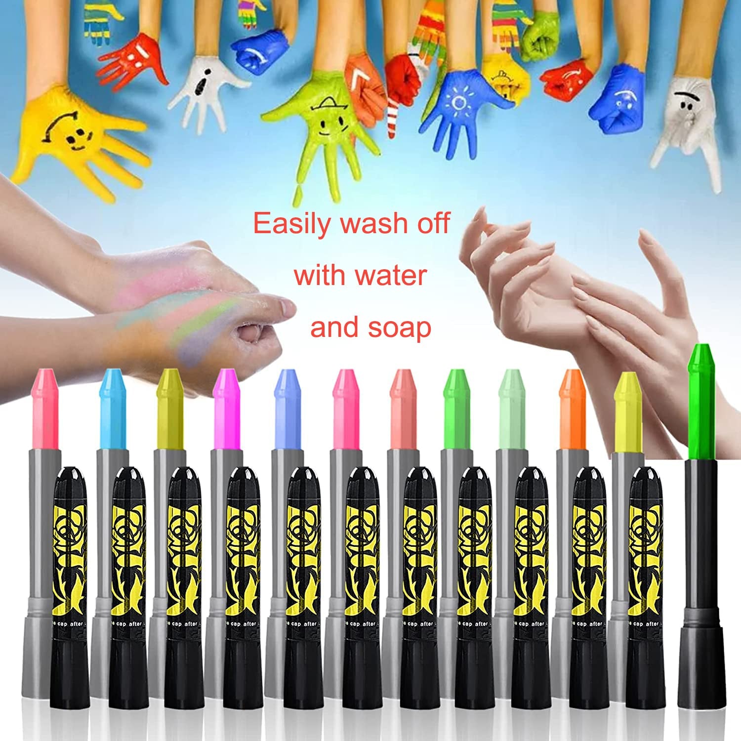 12 Colors Glow Face Body Paint, UV Crayons Makeup Glow in the Black Light Body Paints for Kids Adult, Fluorescent Neon Face Painting Kit for Birthday Party Halloween Masquerade Makeup Outdoor