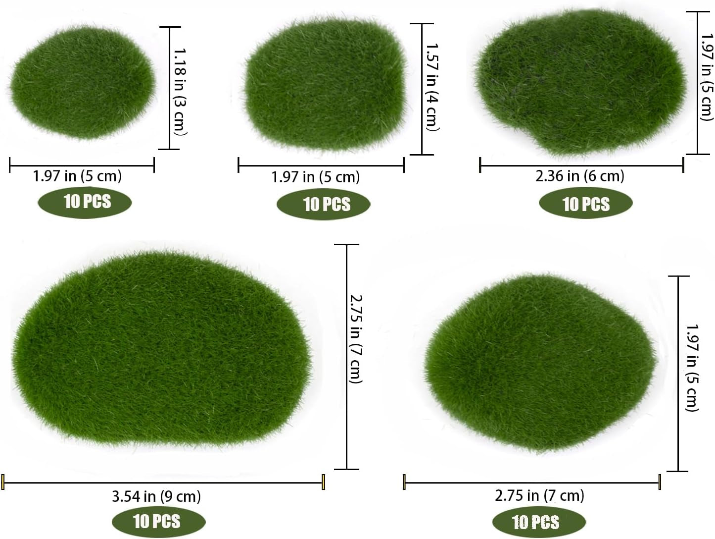 50 Pcs 5 Size Artificial Moss Rocks Decorative Faux Green Moss Covered Stones Fake Moss Balls for Garden Decor DIY Floral Arrangements Plant Poted Decoration