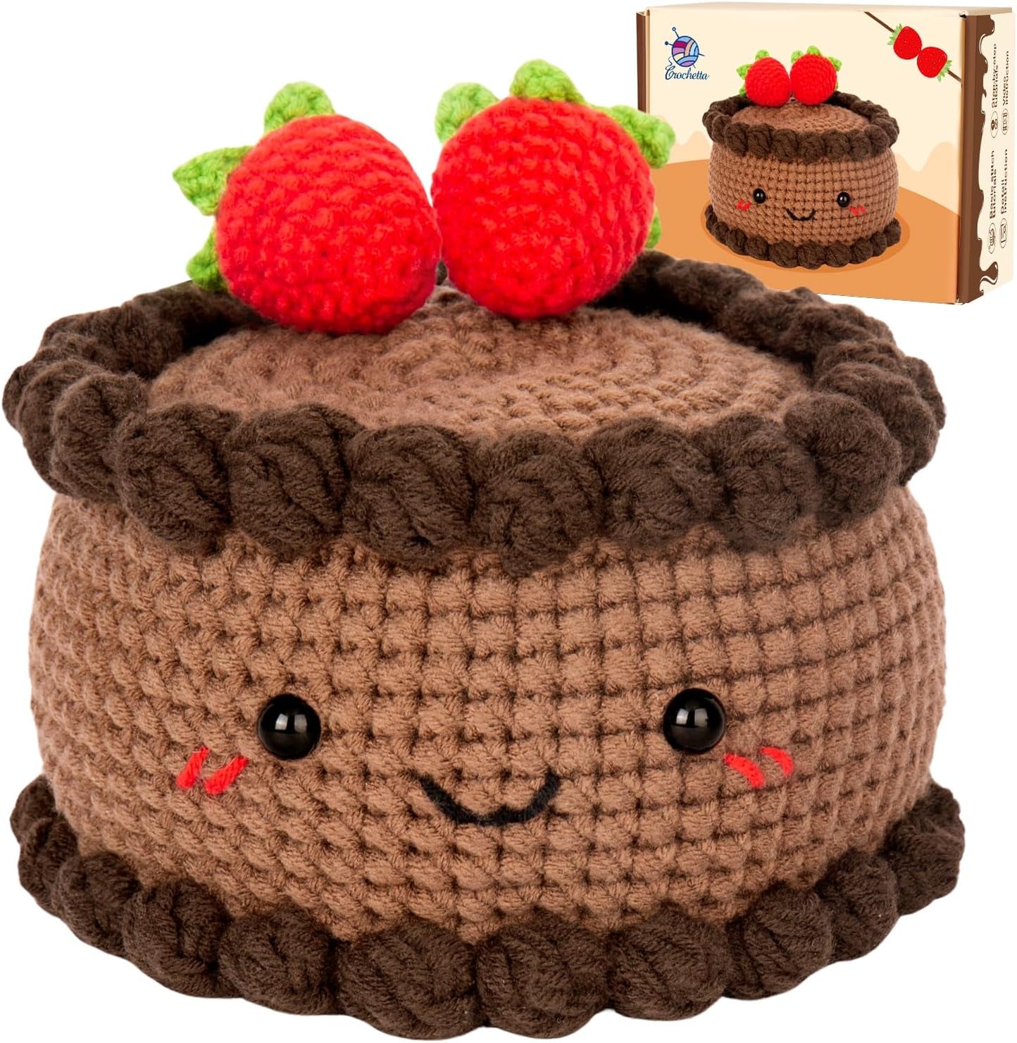 Crochet Kit for Beginners, Crochet Starter Kit with Step-By-Step Video Tutorials, Crochet DIY Knitting Supplies for Adults Kids, Chocolate Strawberry Cake(40%+ Yarn)