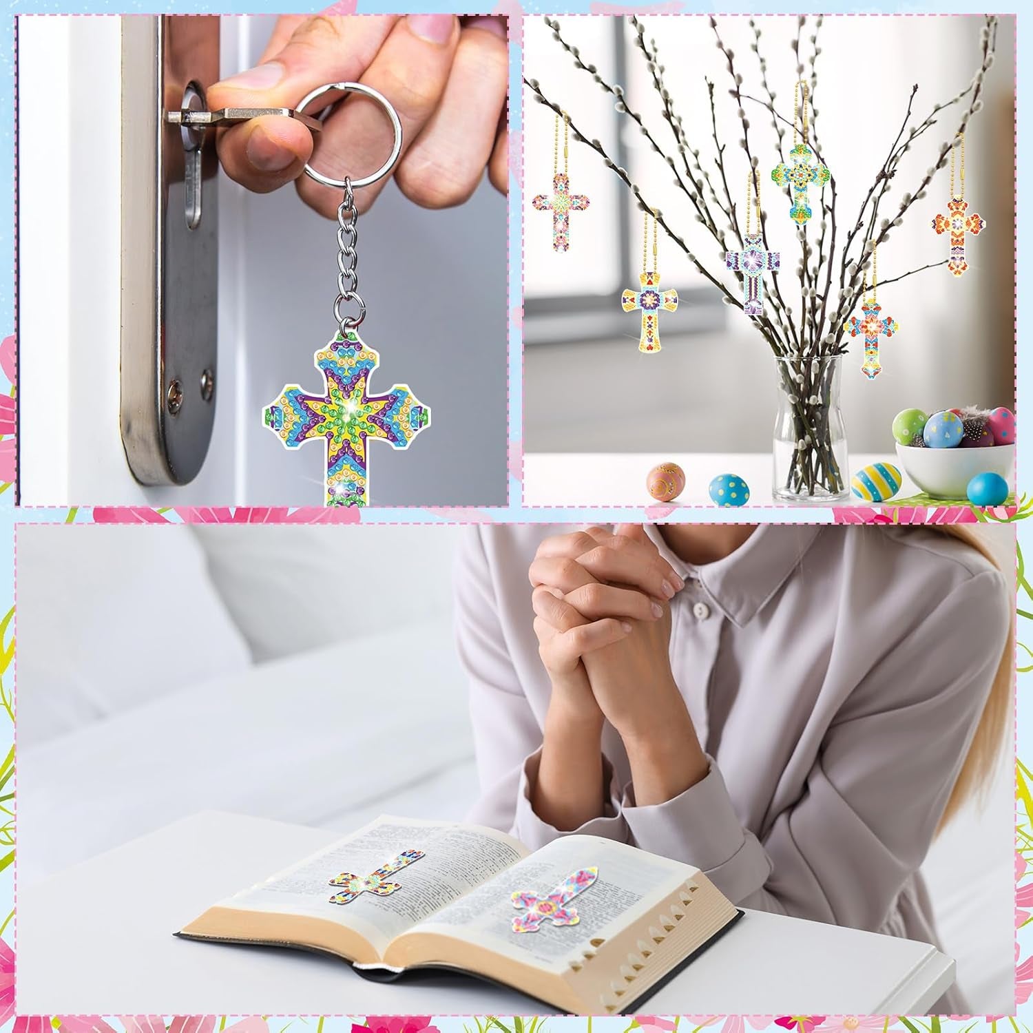 20 Pcs Diamond Painting Keychains Kit Cross Diamond Art Keychains Religious Crosses Diamond Ornaments 5D Key Chain Christian Diamond Painting Bookmarks Key Rings for Adults DIY Crafts Gifts