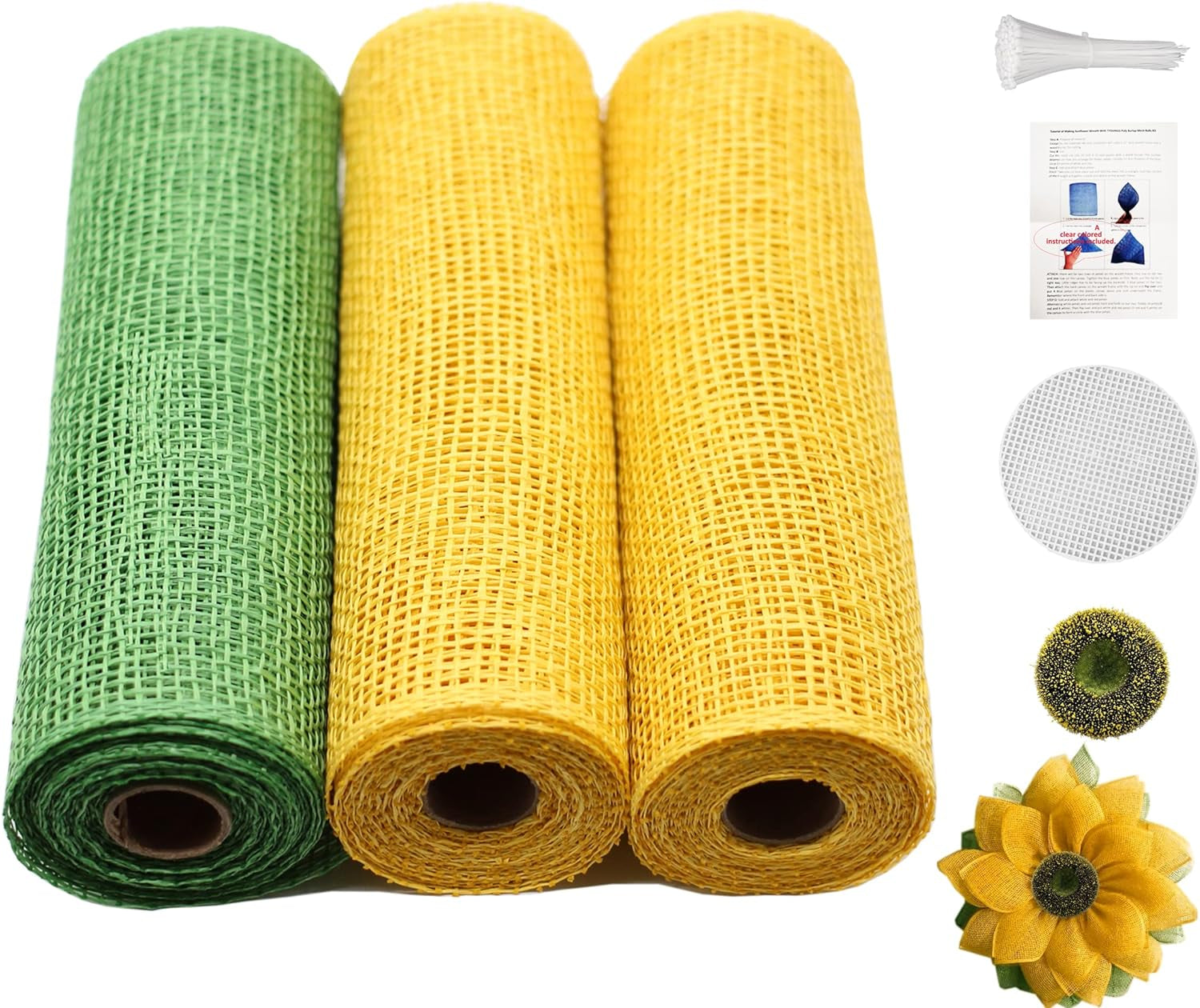 4 Rolls Poly Burlap Deco Mesh 10 Inches Kit for DIY Front Door Sunflower Wreath Zip Ties Chenille Stems Included (Yellow-Green-Burlap)
