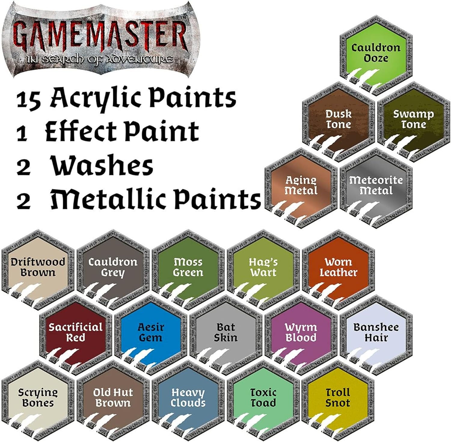 Wilderness Adventures Dnd Acrylic Paint Set with 20 Warpaints, Acrylic Paints for Models and Miniatures, Acrylic Warpaints, Quickshade Washes, Metallic Paints & 2 Plastic Miniatures