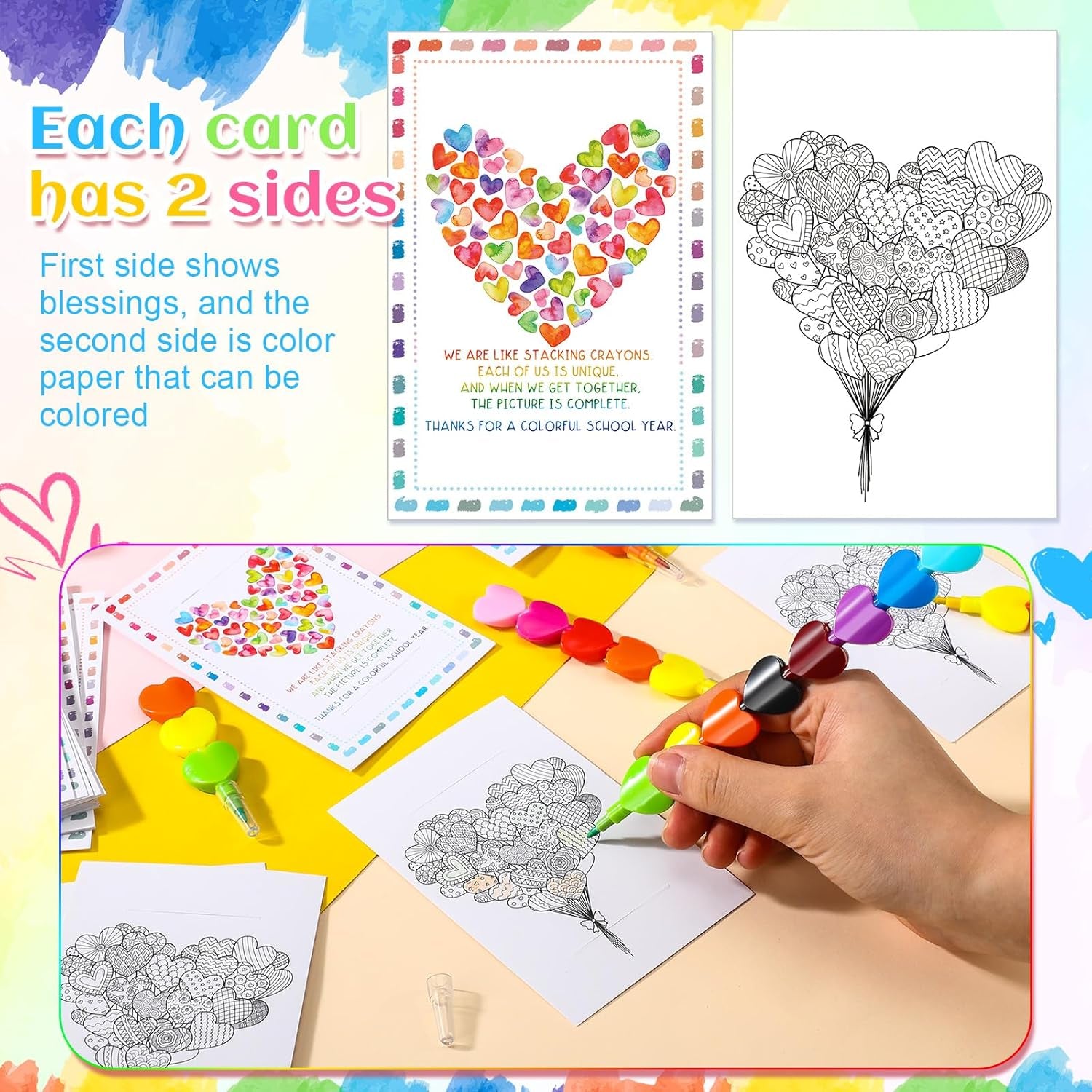 50 Sets End of Year Student Gift Stackable Crayons and Coloring Card Kindergarten Graduation Gift Bulk 2024 Congrats Grad Last Day of School Party Favor for Preschool Students(Heart)