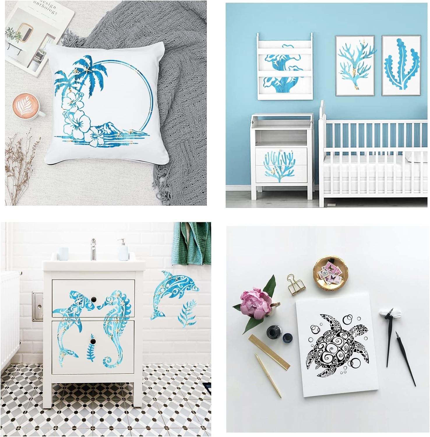 9Pcs Ocean Sea Turtle Jellyfish Dolphin Skeleton Fish Stencils Sea Animal Tropical Template Hawaiian Palm Tree Beach Dolphin Shark Stencils for Painting on Wood DIY Craft Wall Décor (Fancy)