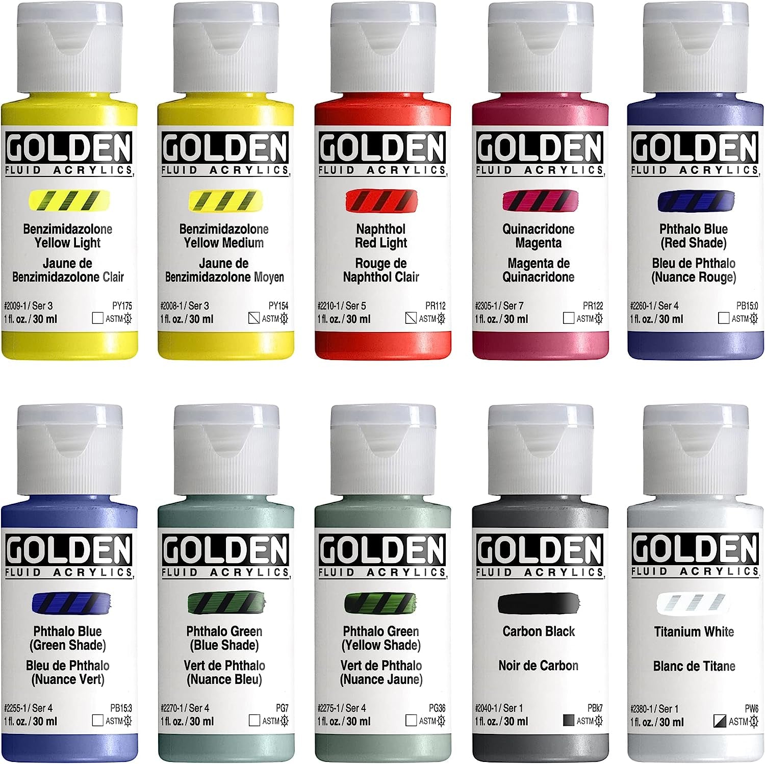 Fluid Acrylics by GOLDEN, 10 X 1 Fl. Oz.(30 Ml) Bottles, Fluid Mixing Set, Professional Acrylic Paint, 10 Colors