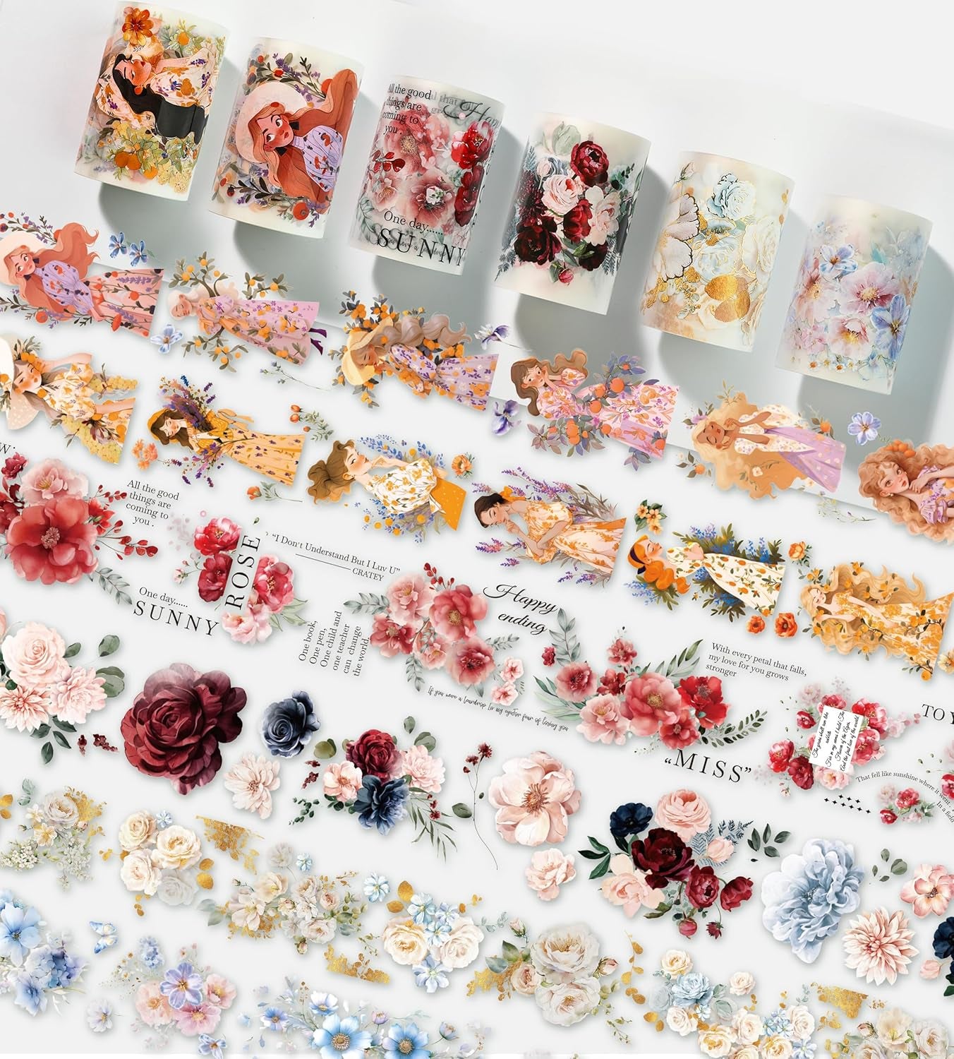 Floral Washi Tape Set - 12 PET &amp; Washi Tapes for Journaling Stickers, Scrapbooking Supplies, Planner, Bullet Journals,Arts &amp; Crafts. Use as Stickers