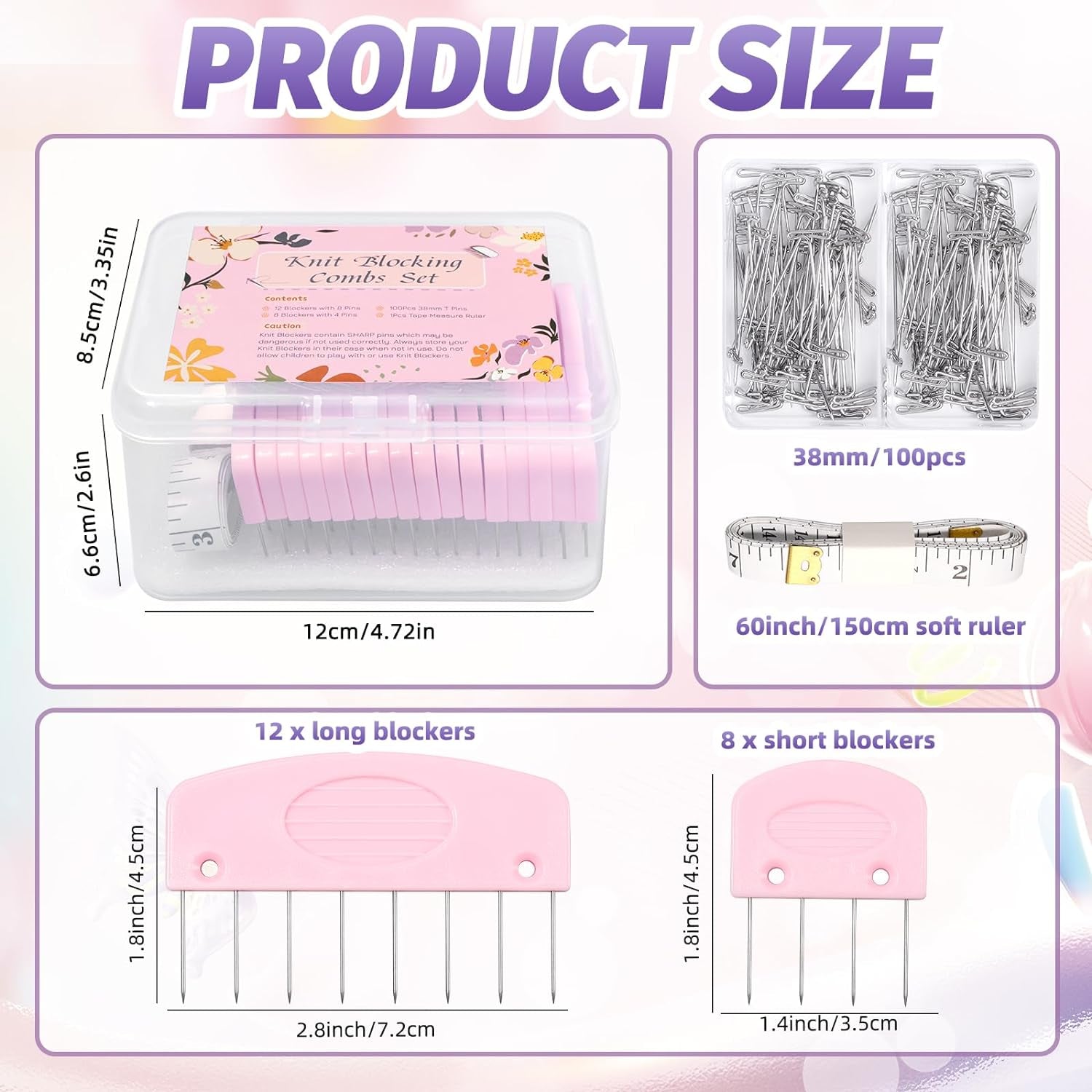 Knit Blocking Pins Kit,20Pcs Knit Blocking Combs,100 T-Pins for Blocking Knitting,Crochet, Lace or Needlework Projects,Knitting Block Tool for Blocking Mats