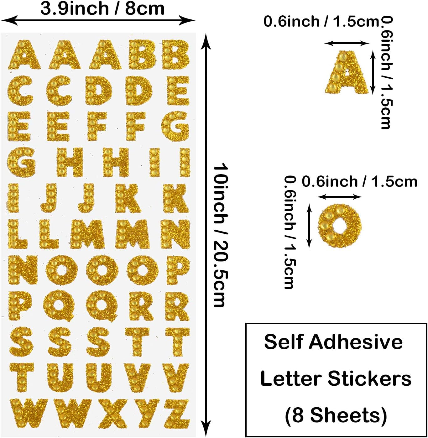Self Adhesive Glitter Alphabet Stickers, 8 Sheets Glitter Crystal Rhinestones Alphabet Letter Stickers a to Z Letter for Grad Cap and Handicraft Art - 8 Colors