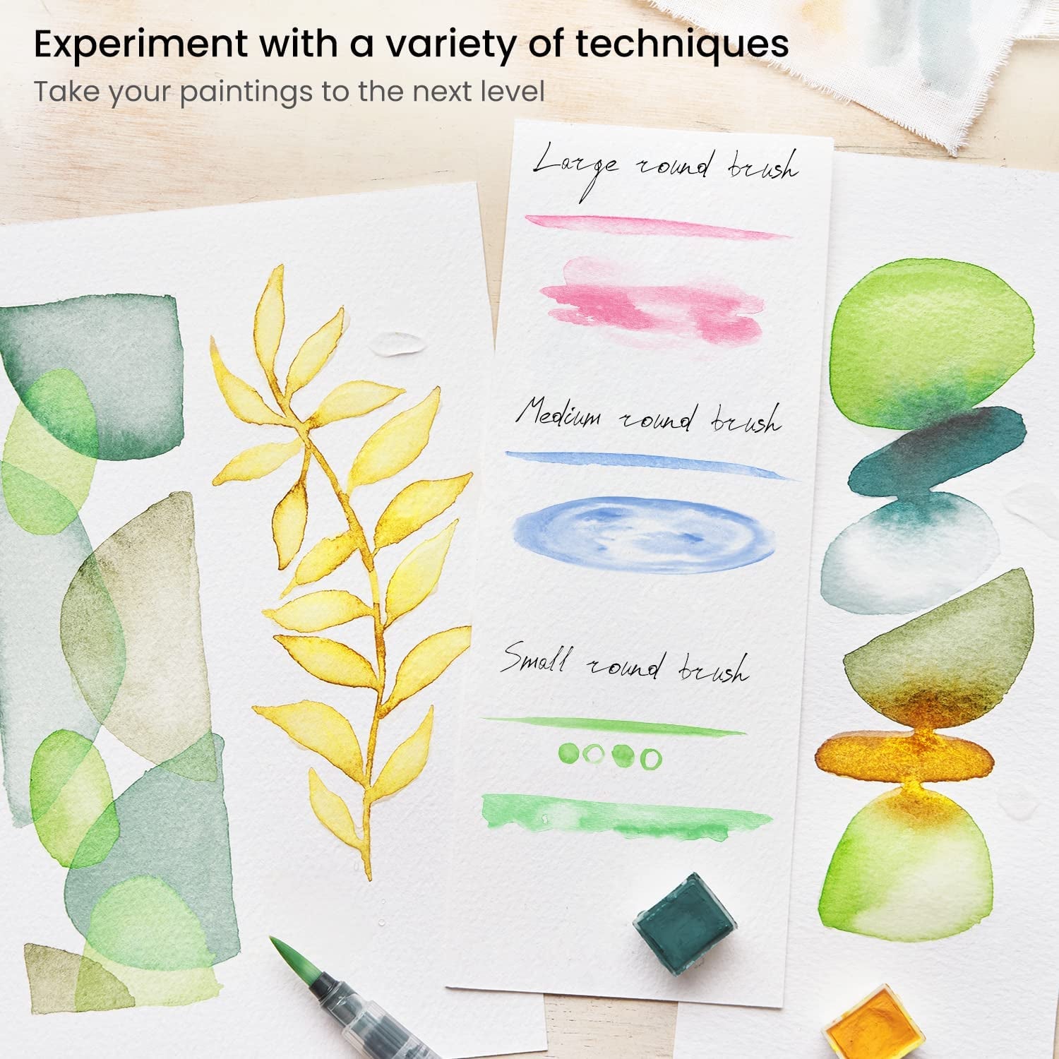 Water Brush Pen, Set of 4, Assorted Soft Nylon Bristle Tips, Self-Moistening Water Brush, Refillable Water Pen