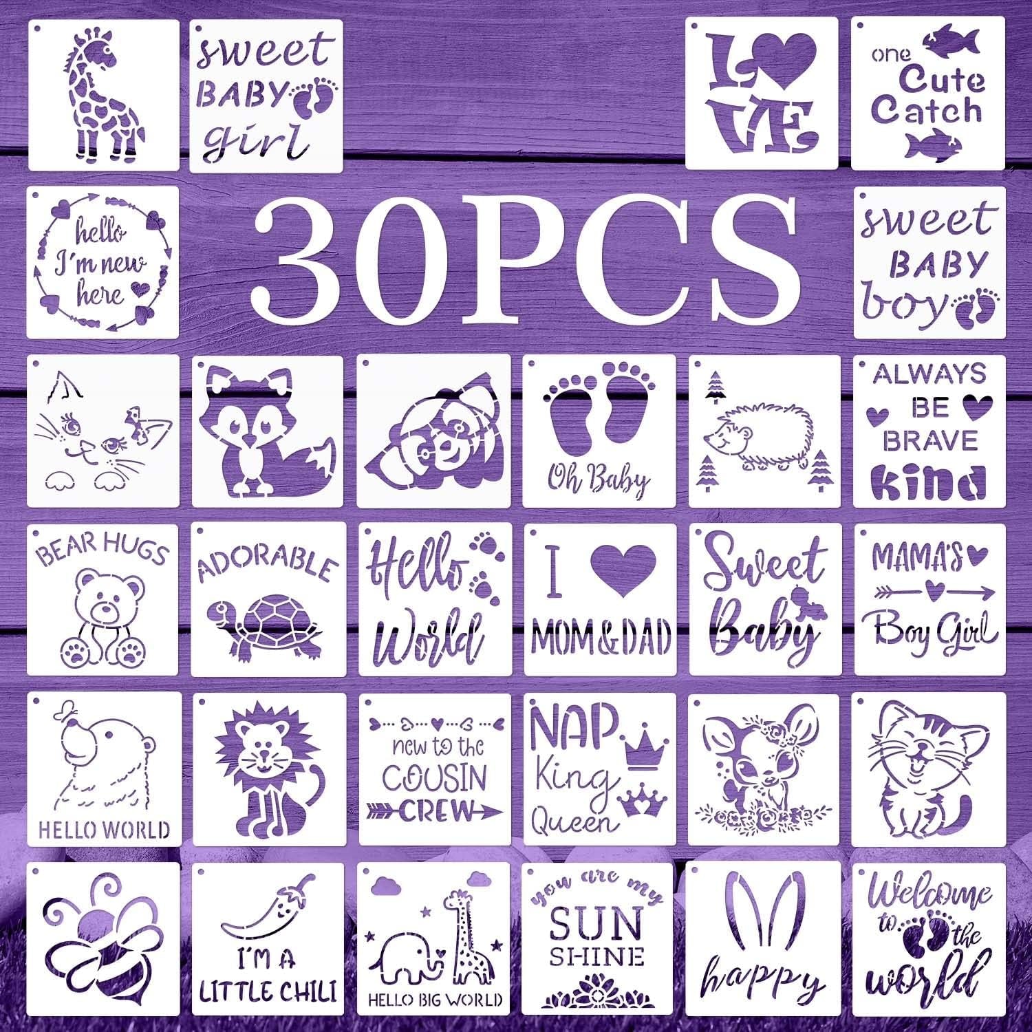 30 Pieces Baby Shower Stencils for Painting, 5 Inch Cute Onesie Stencil Reusable Mixed Phrase Painting Stencils, Small Animals Template for Painting Bodysuit Shirts Shoes Bibs Clothes