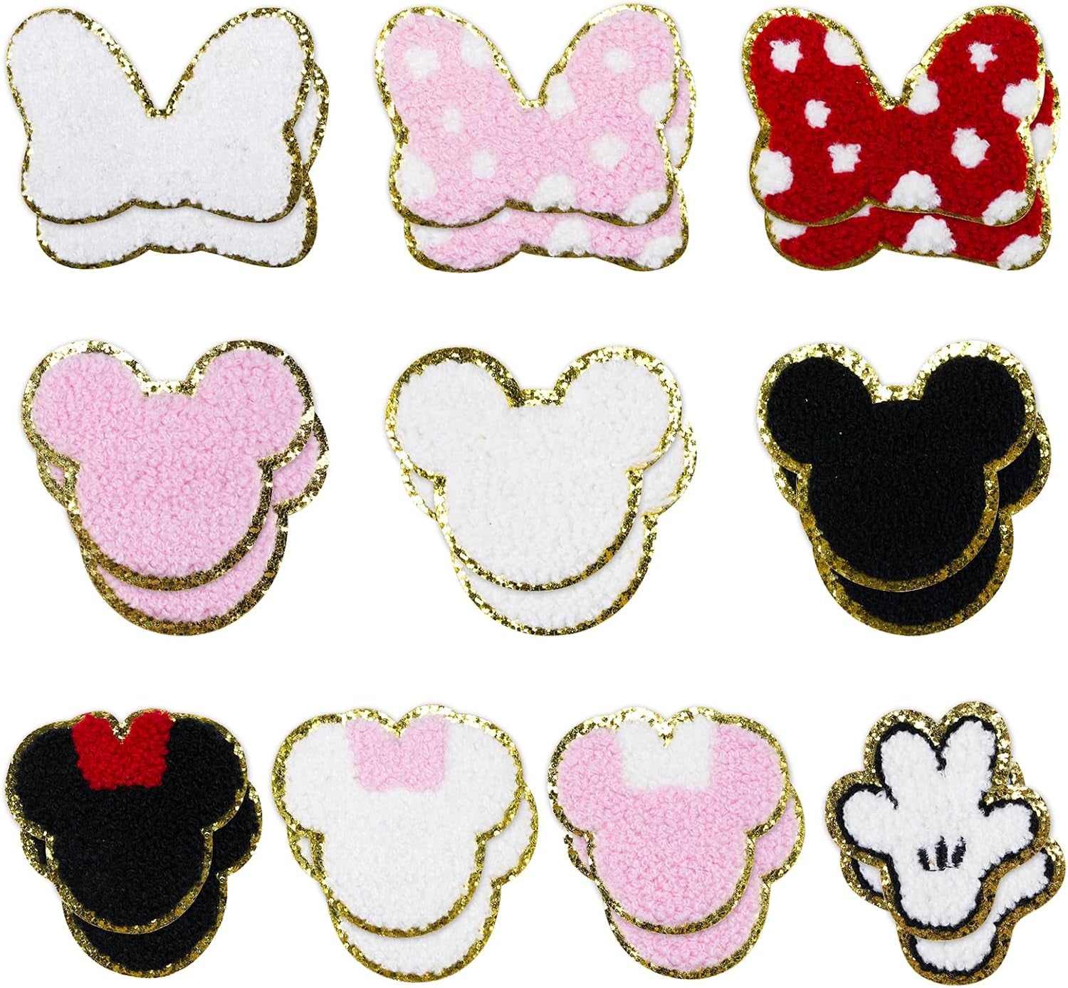 20Pcs Minnie Themed Patch, Pink Mouse Chenille Patches Gold Edges Bowknot Iron on Patch for Bags Hat DIY Clothing Repair