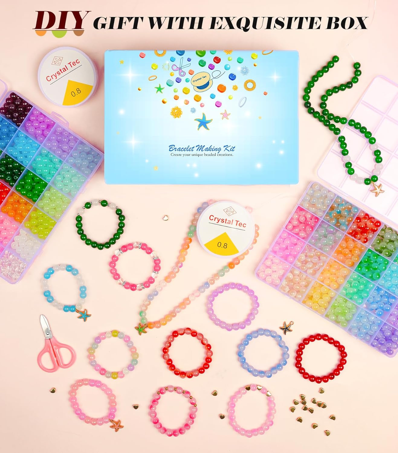 Glass Beads for Jewelry Making, 1520PCS 48 Colors 8Mm Crystal Beads Bracelets Making Kit with Star Pendants for Bracelet Necklace DIY Crafts Making