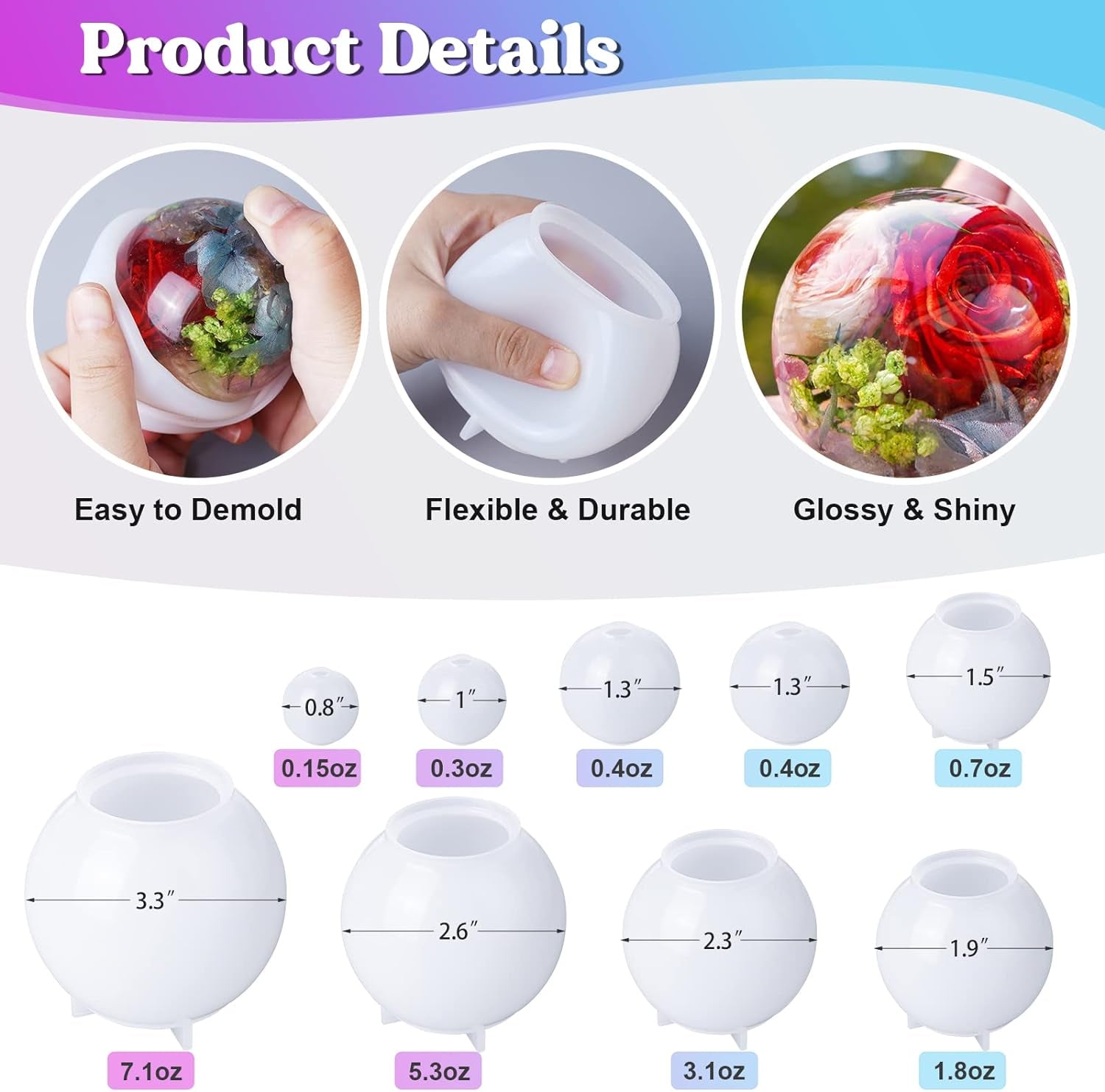 9 Pcs Sphere Silicone Molds for Resin, Upgraded Seamless 3D Sphere Resin Molds Silicone,Large round Ball Epoxy Resin Molds for Flowers Preservation,Resin Casting, Soap, Candle