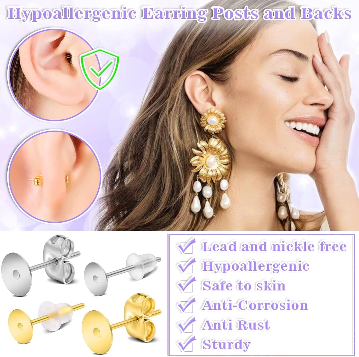 Jewelry Glue with Earring Posts for Jewelry Making, 600Pcs Stainless Steel Earring Posts and Backs Silver and Gold Earring Posts with Rubber Earring Backs for Earring Making Supplies