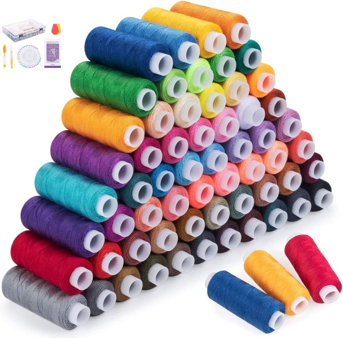 Sewing Threads Kits 60 Colour 250 Yards per Polyester Thread Spools with 10 Sewing Needles, 2 Needle Threader, Yarn Scissors, Stripper and Pearl Needle for Hand or Machine Sewing