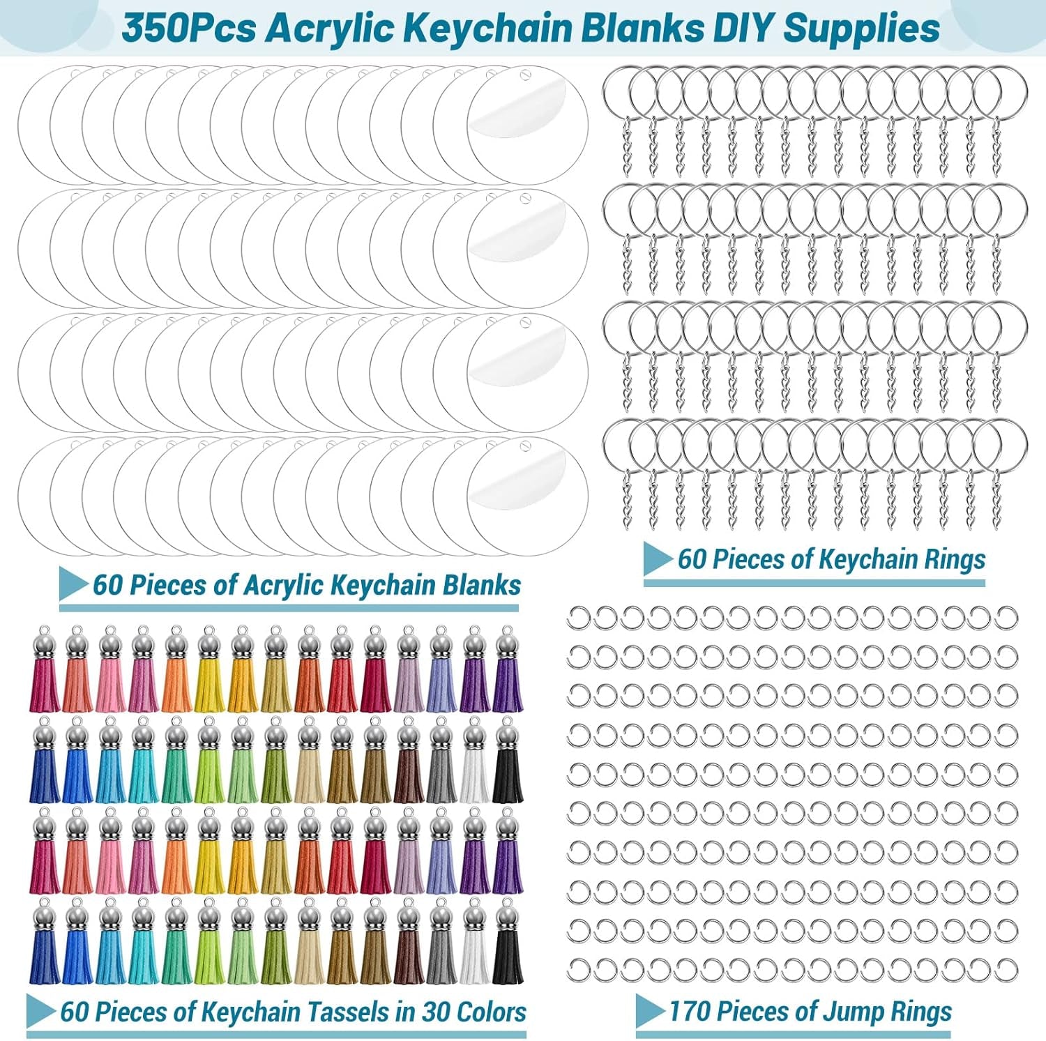 350Pcs Acrylic Keychain Blanks  Clear Acrylic Keychain Blanks for Vinyl with 60 Pcs Acrylic Blanks, 60 Pcs Keychain Tassels, 170 Pcs Jump Rings and 60Pcs Keychain Rings for DIY Keychain Craft