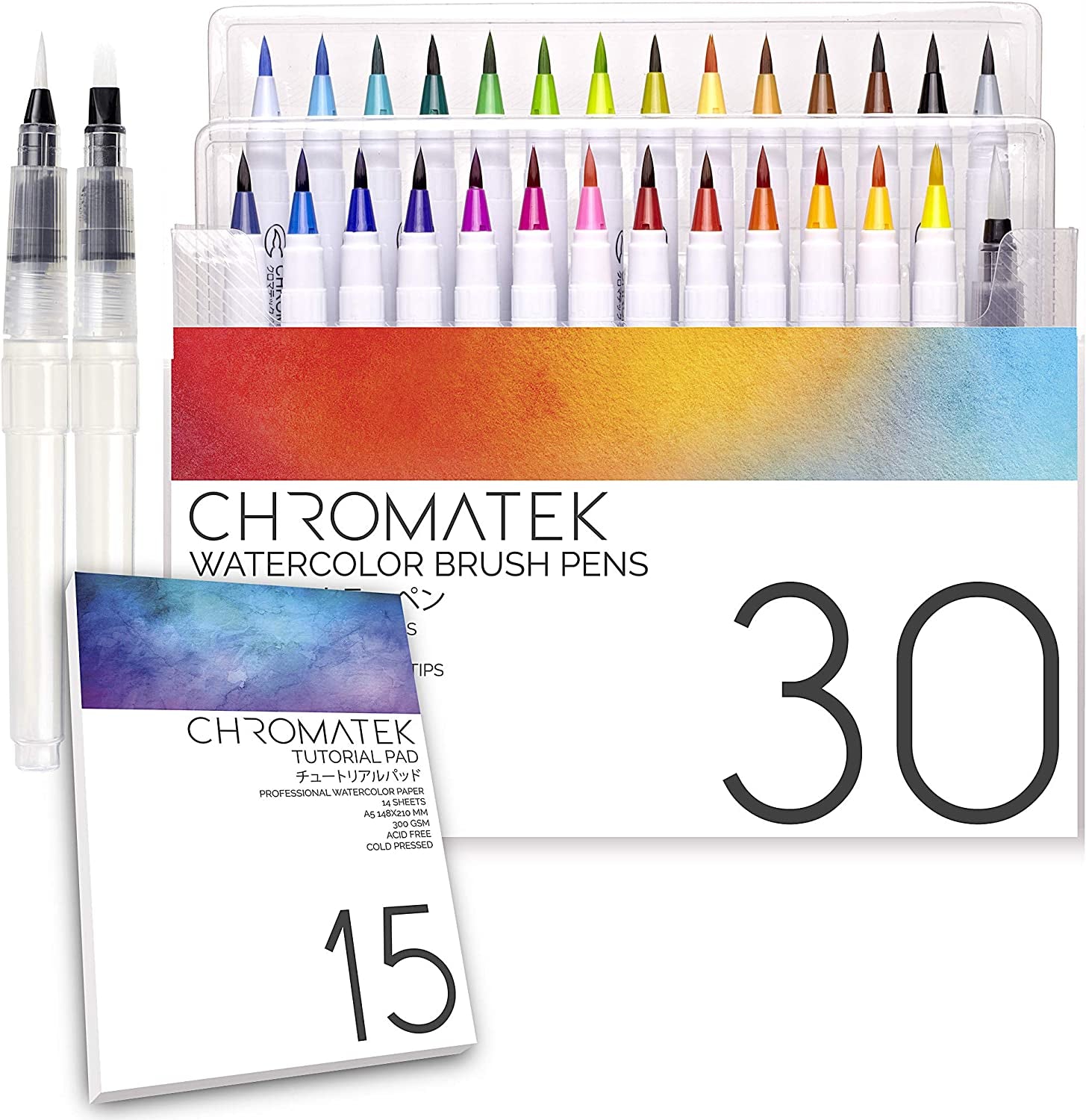 30 Watercolor Brush Pens - 15 Page Tutorial Pad and Online Video Series - Real Brush Tip, Vivid, Blendable - Professional Artist Quality - 27 Colors - 3 Aquapens