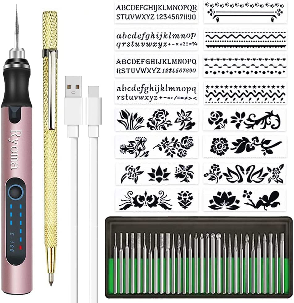 Rechargeable Cordless Electric Micro Engraver Pen Mini DIY Engraving Tool Kit for Metal Glass Ceramic Plastic Wood Jewelry with 30 Bits and 16 Stencils and 1 Scriber Pen (Silver)