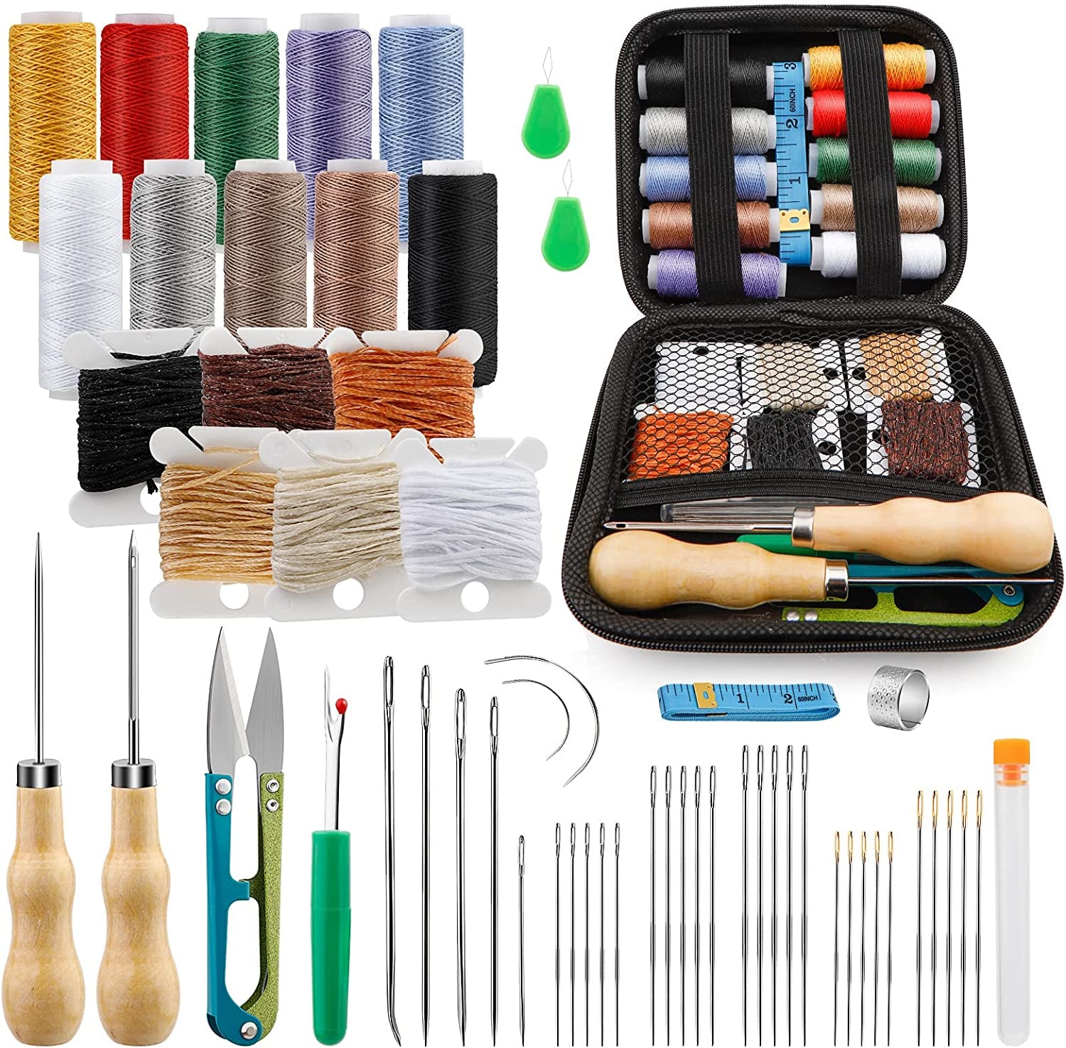 59 Pcs Leather Sewing Kit Leather Needles for Hand Sewing,Heavy Duty Sewing Upholstery Repair Kit Waxed Thread Large-Eye Stitching Needles for Carseat Backpack Carpet Boots Shoes Canvas Sofa
