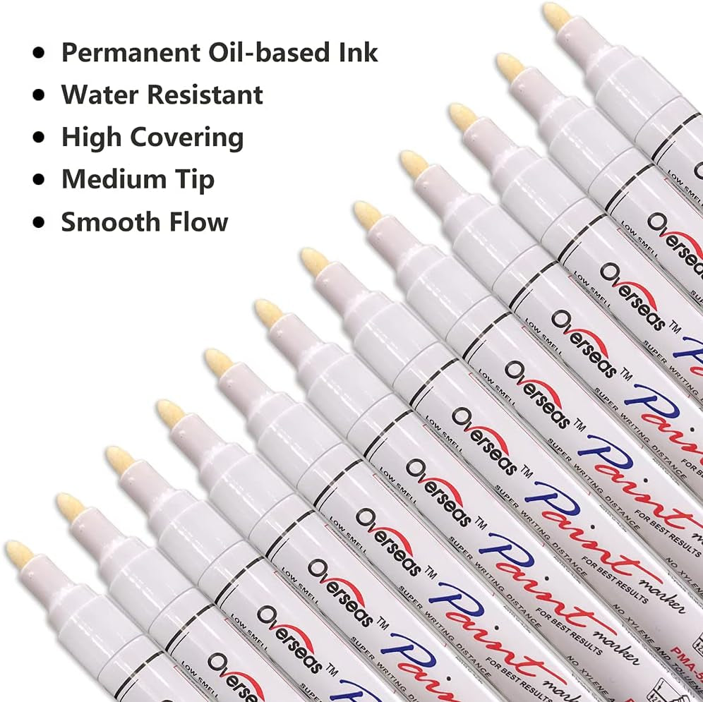 White Paint Pens Paint Markers, 12 Pack Waterproof Oil-Based Paint Pen Set Quick Dry and Permanent, Markers for Rock, Stone, Ceramic, Wood, Fabric, Plastic, Canvas, Glass, Mugs, Tires