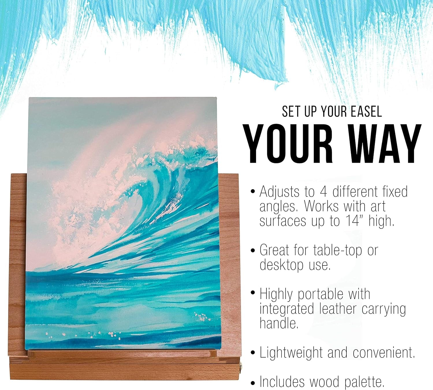 Solid Solana Adjustable Wood Desk Table Easel with Storage Drawer, Paint Palette, Premium Beechwood - Portable Solid Wooden Artist Easel Top Board - Canvas Painting, Drawing Book Stand