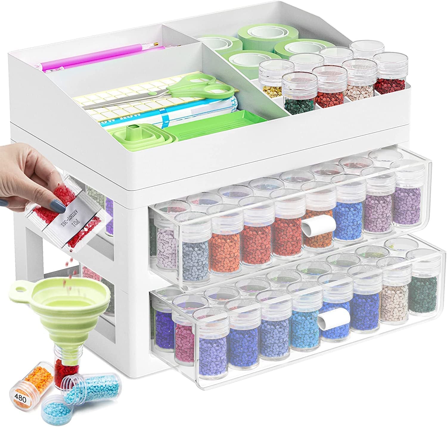 Storage Containers for Diamond Painting Accessories, 2 Drawers with 96 Slots Bead Storage Bottles and Diamond Art Accessories and Tools Rack